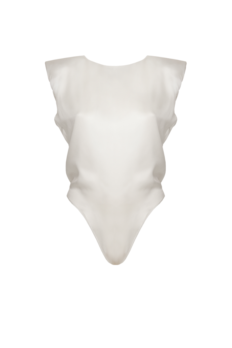 Front view of Amy padded shoulder bodysuit in ivory organic silk — minimal sculptural design, sustainable womenswear by HERTH.