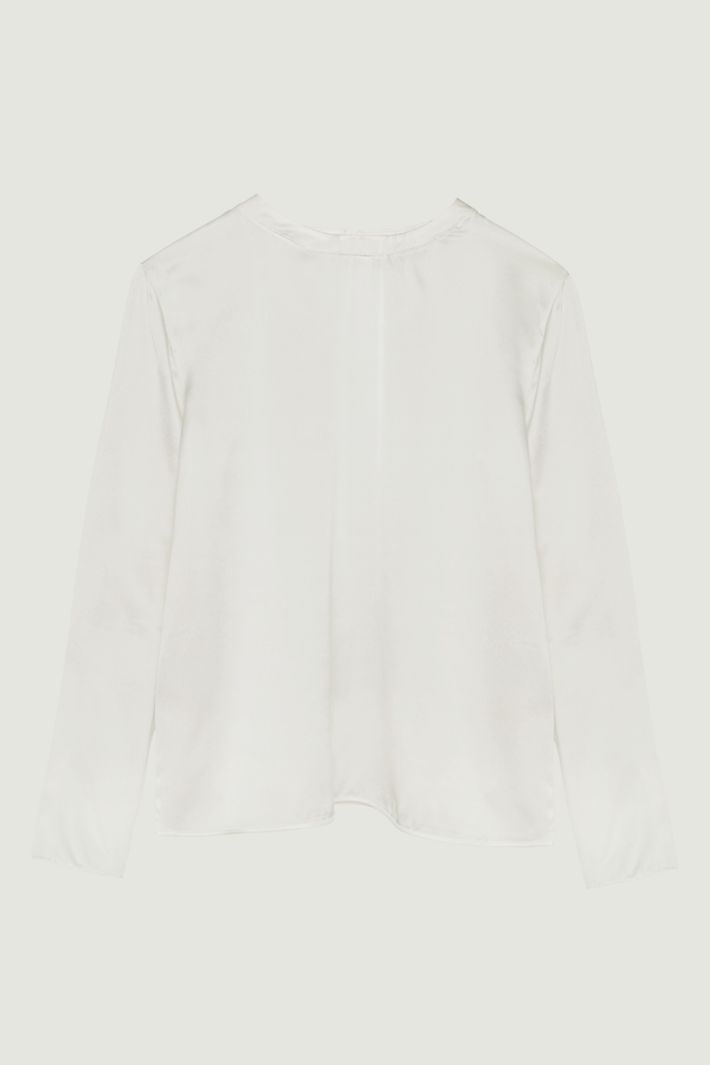 Andie long sleeve top in ivory organic silk with clean round neckline and fluid drape, elegant womenswear made in Italy