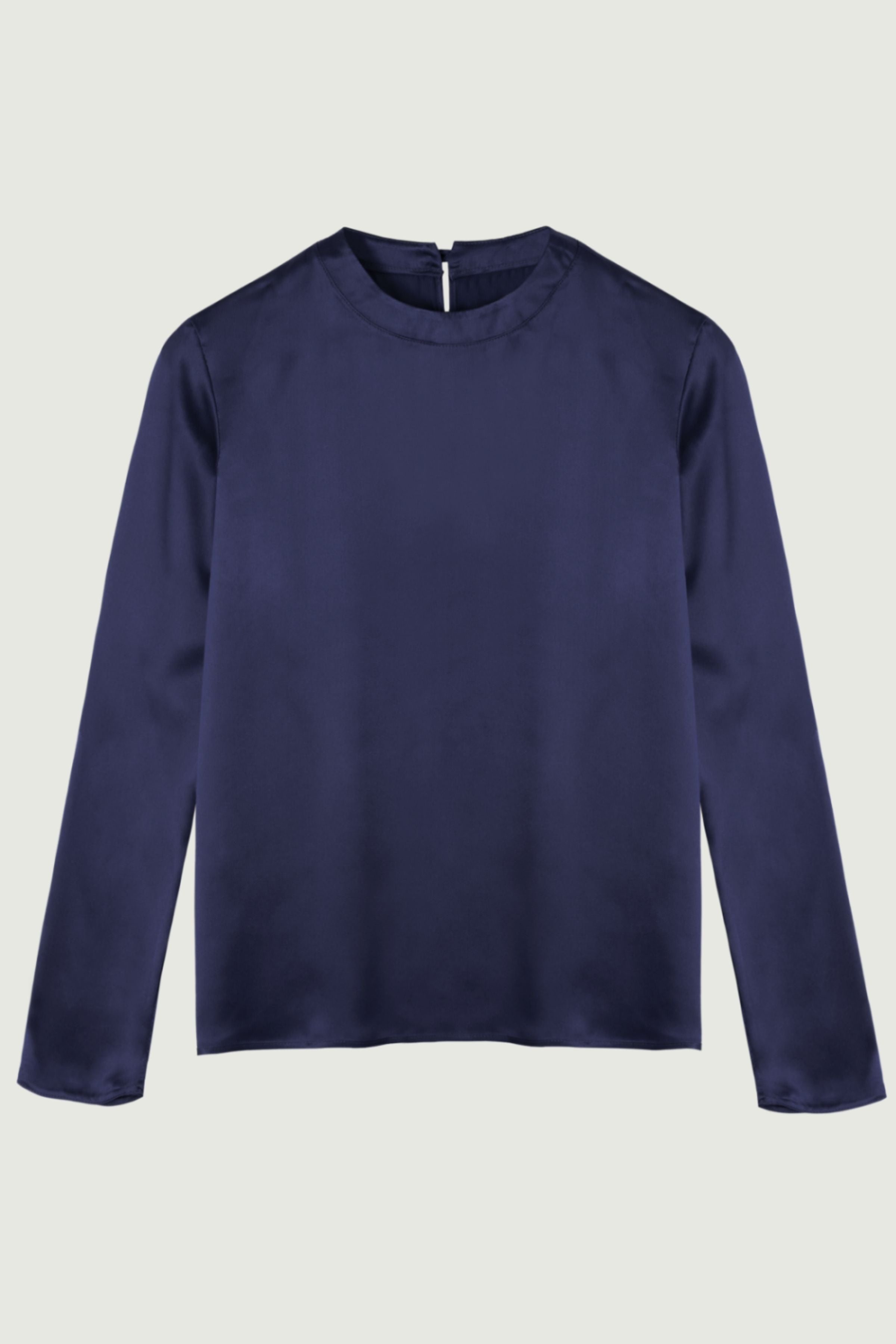 Andie long sleeve top in navy organic silk with clean round neckline and fluid drape, refined evening womenswear made in Italy
