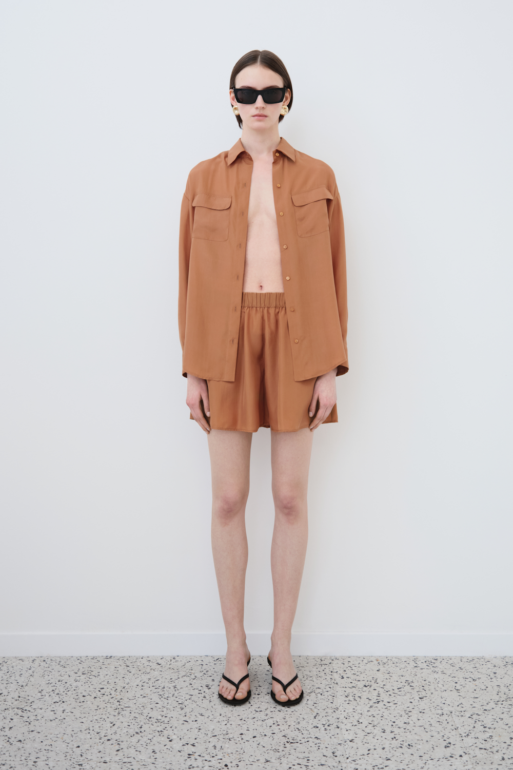 Full look of Tate shirt and Hani shorts in Earth — organic Habotai silk womenswear co-ord by HERTH, sustainable and effortlessly elegant.