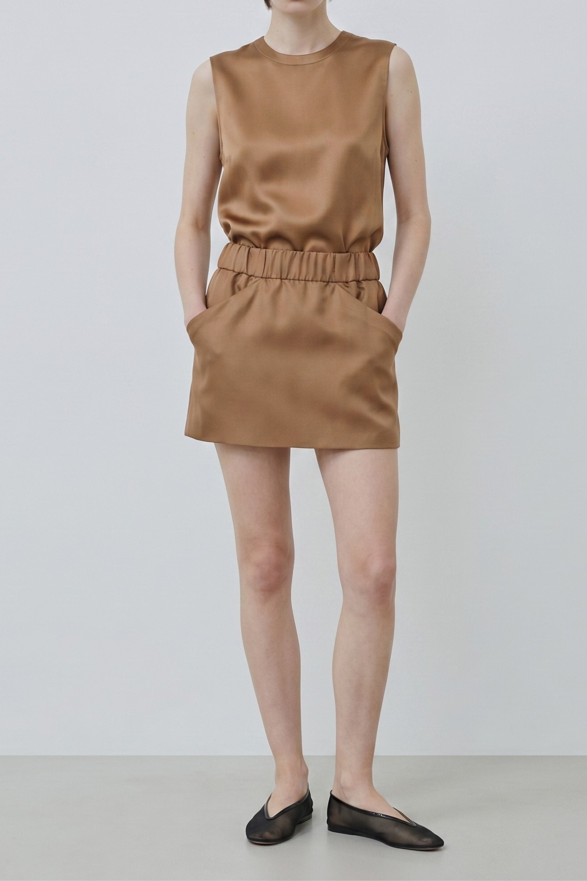 Organic silk Cala top and Nina skirt in camel, full-length view with fluid silhouette and soft drape