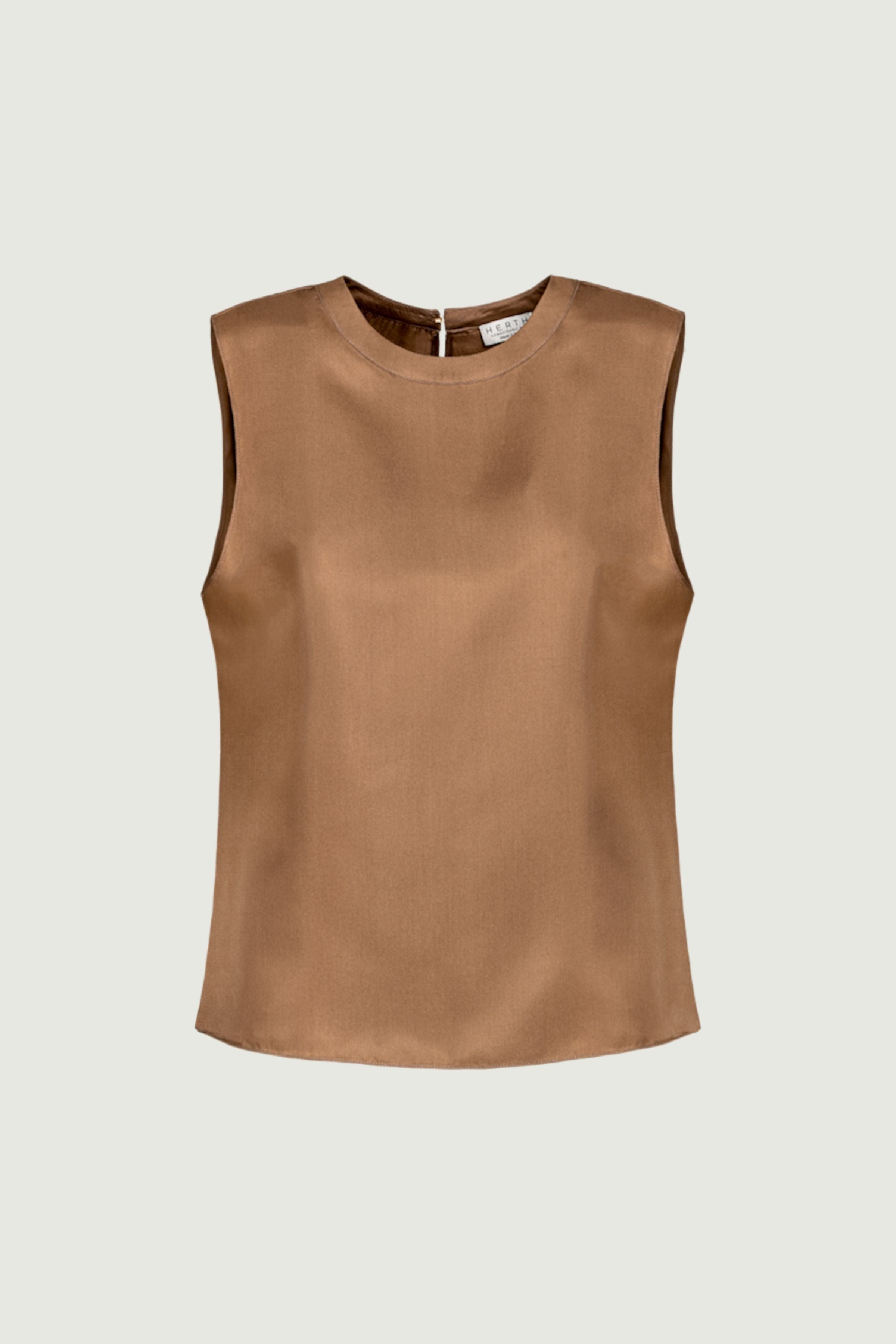 Camel organic silk twill sleeveless top with structured drape and clean round neckline, minimalist design, front view, made in Italy