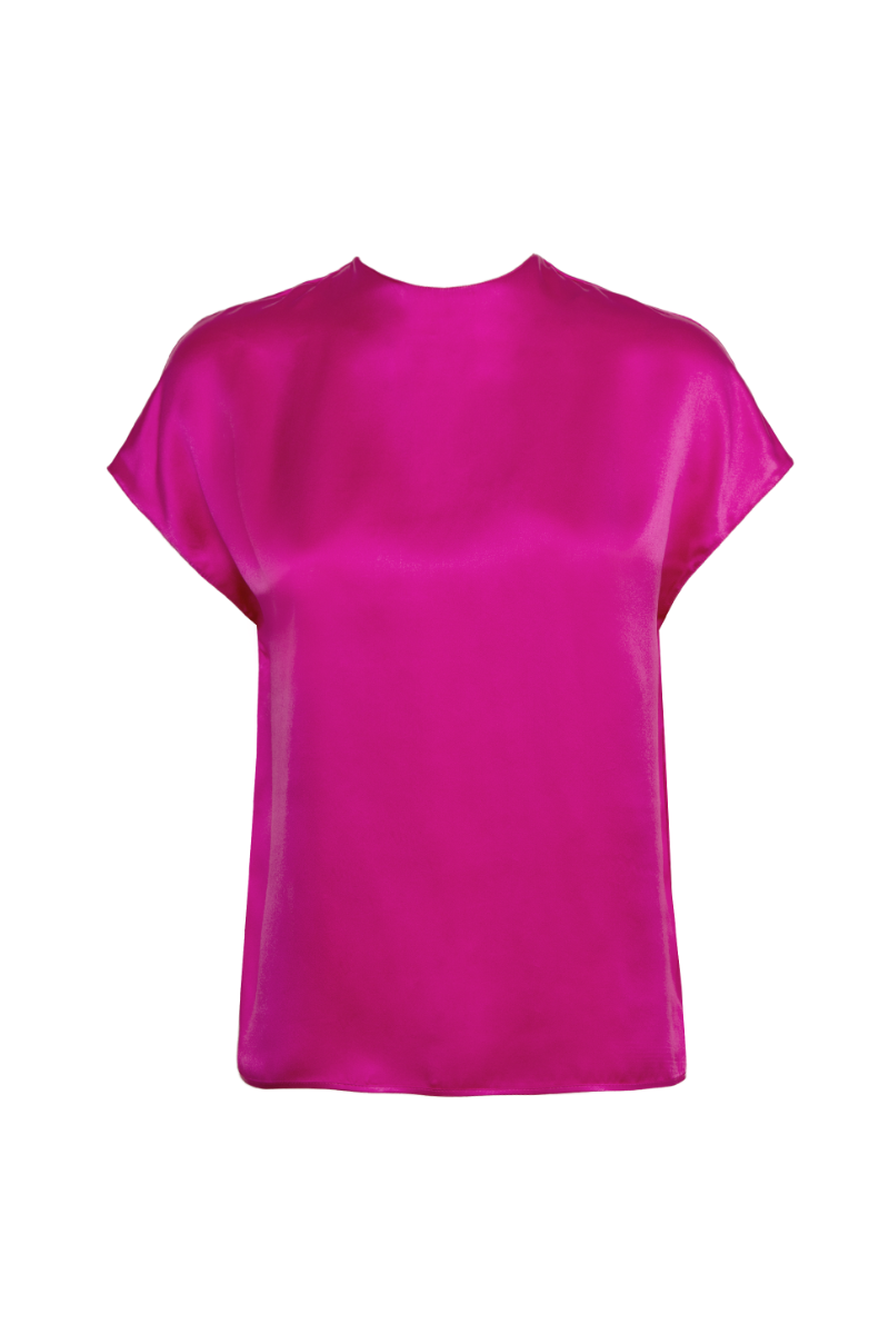 Round neck short sleeve silk top in hot pink — crafted from GOTS-certified organic silk, sustainable womenswear by HERTH