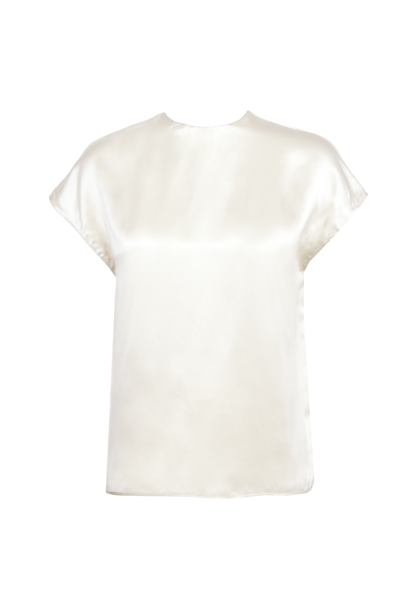 Cora round-neck top in almond organic silk – minimal and timeless elegant womenswear by HERTH