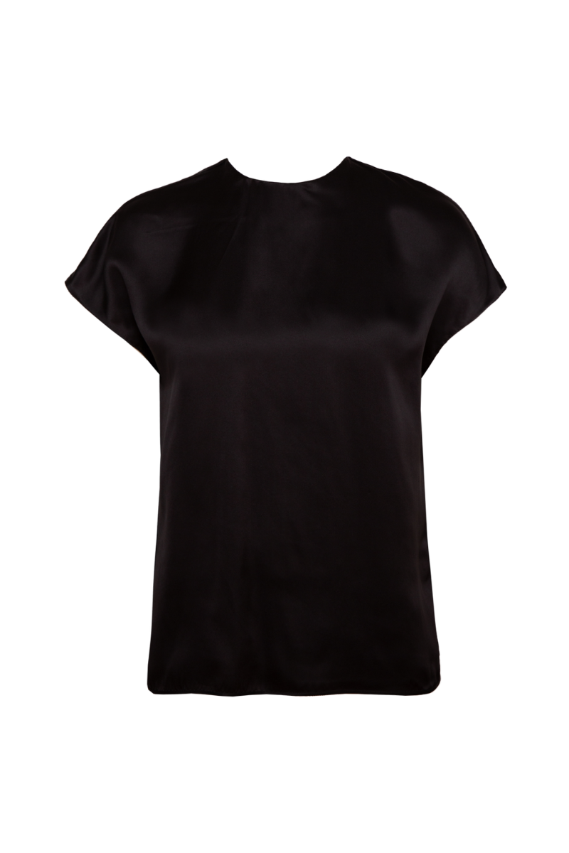 Front view of Cora black organic silk short sleeve shirt — minimal timeless womenswear essential by HERTH.