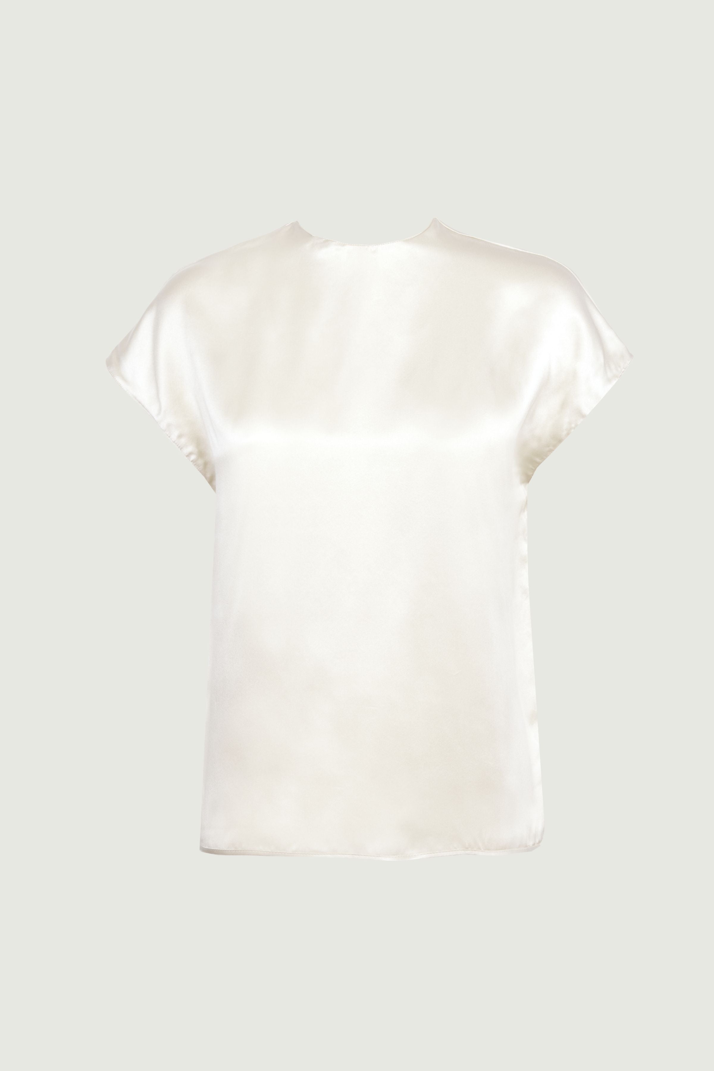 Cora short sleeve top in almond organic silk with soft drape and relaxed silhouette, refined everyday womenswear made in Italy