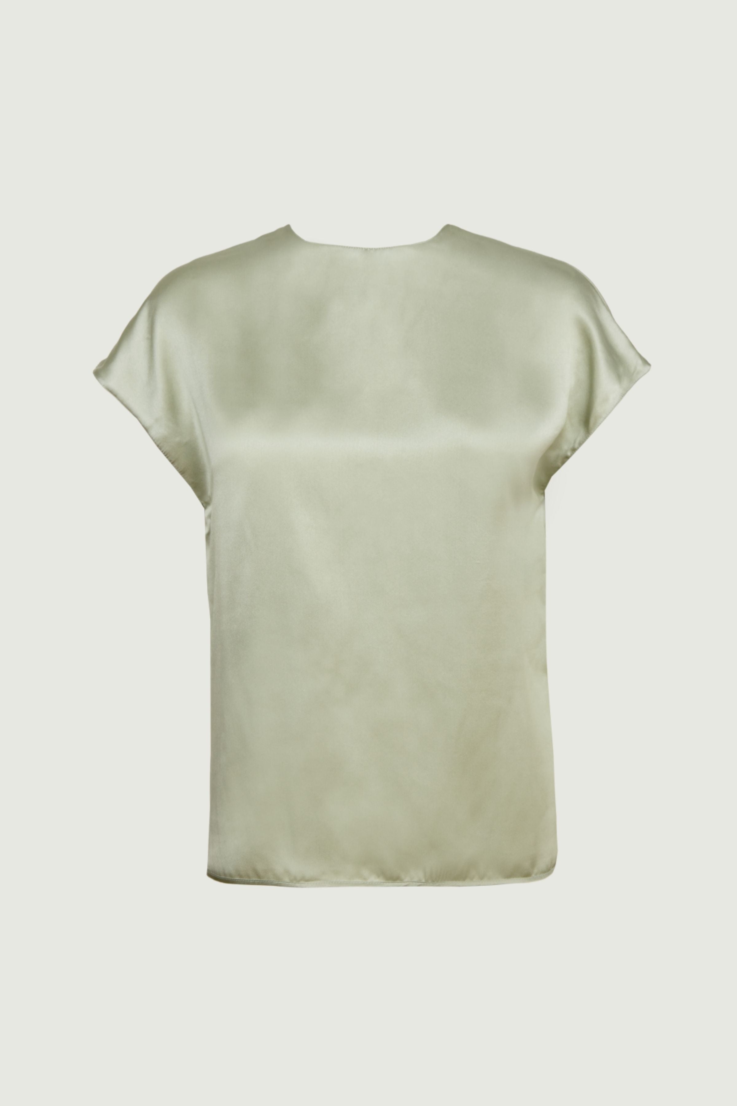 Tea green organic silk short sleeve top with soft matte sheen and relaxed drape, front view, made in Italy