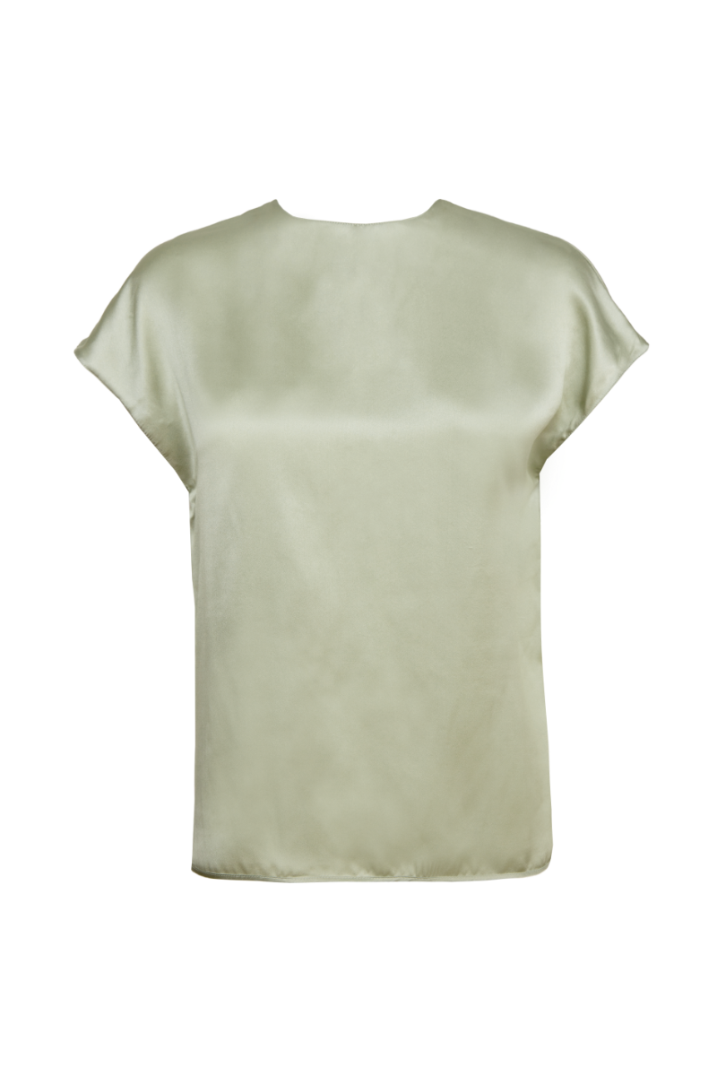 Front view of Cora short-sleeve silk top in Green Tea — GOTS-certified organic silk blouse. Sustainable womenswear by HERTH.
