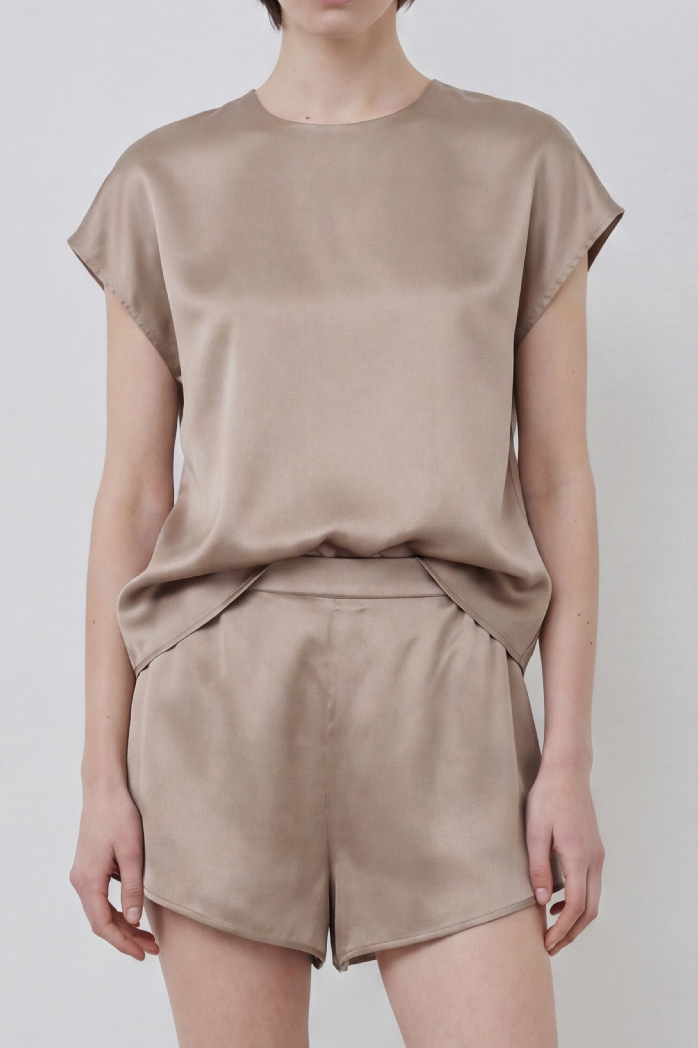 Gold sand organic silk top and shorts with soft drape and relaxed fit detail