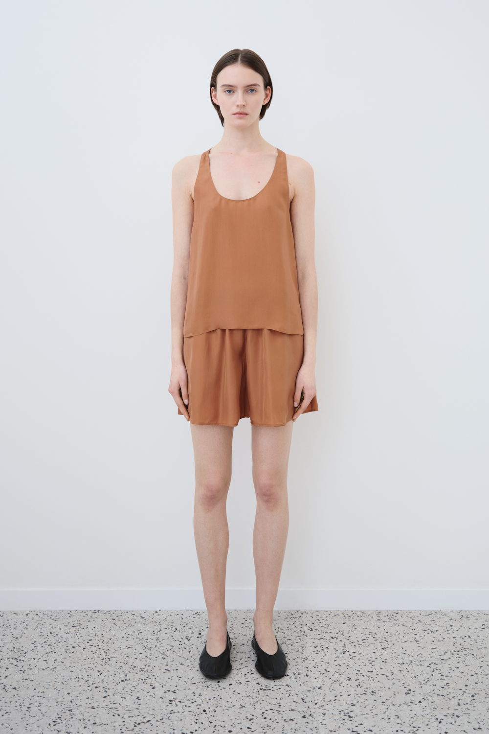 Eda silk tank top and Hani shorts in Earth by HERTH — front view of minimalist organic silk womenswear co-ord crafted for effortless comfort and sophisticated sustainable fashion