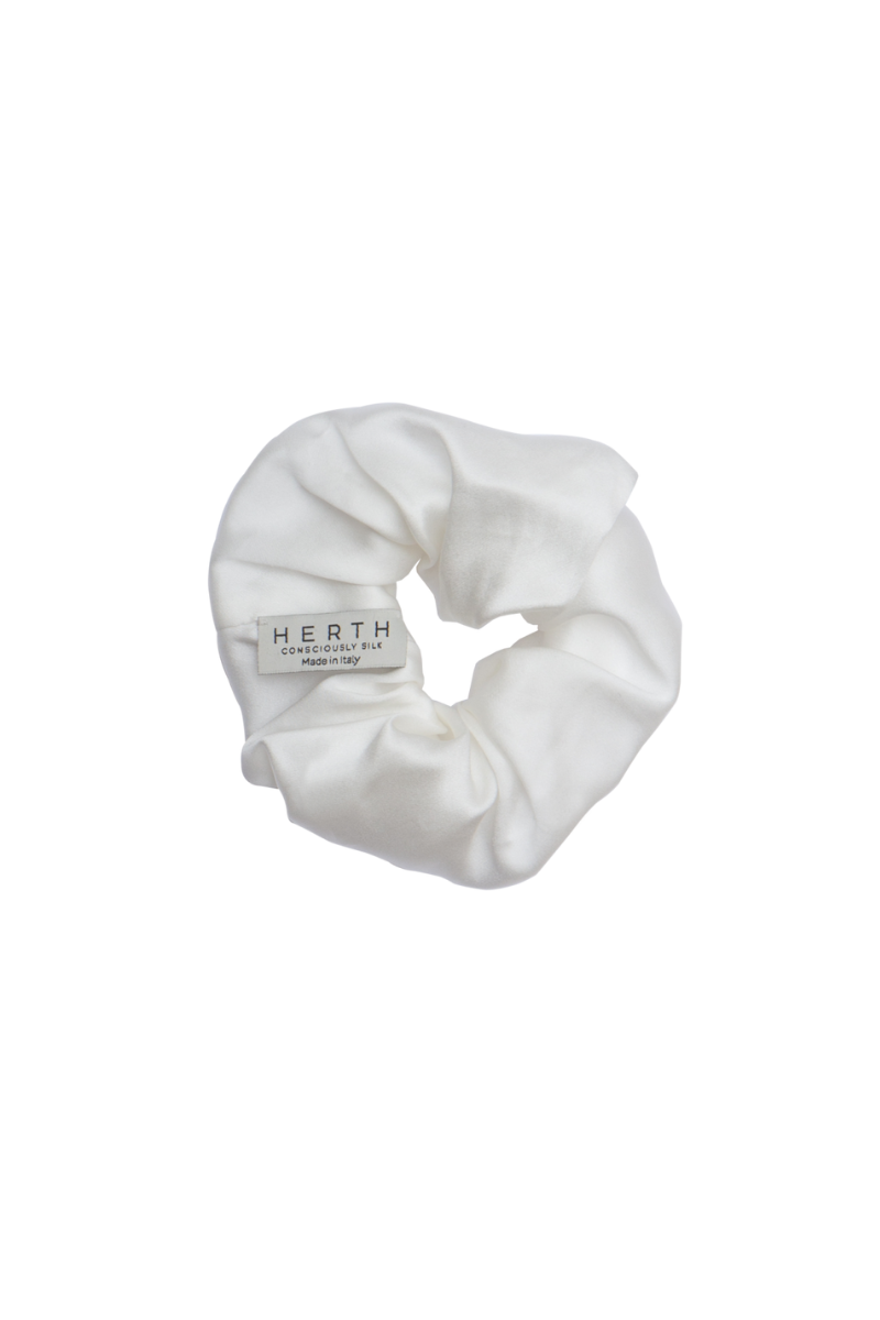 Edi scrunchie in ivory gots organic silk — soft and sustainable hair accessory by HERTH.