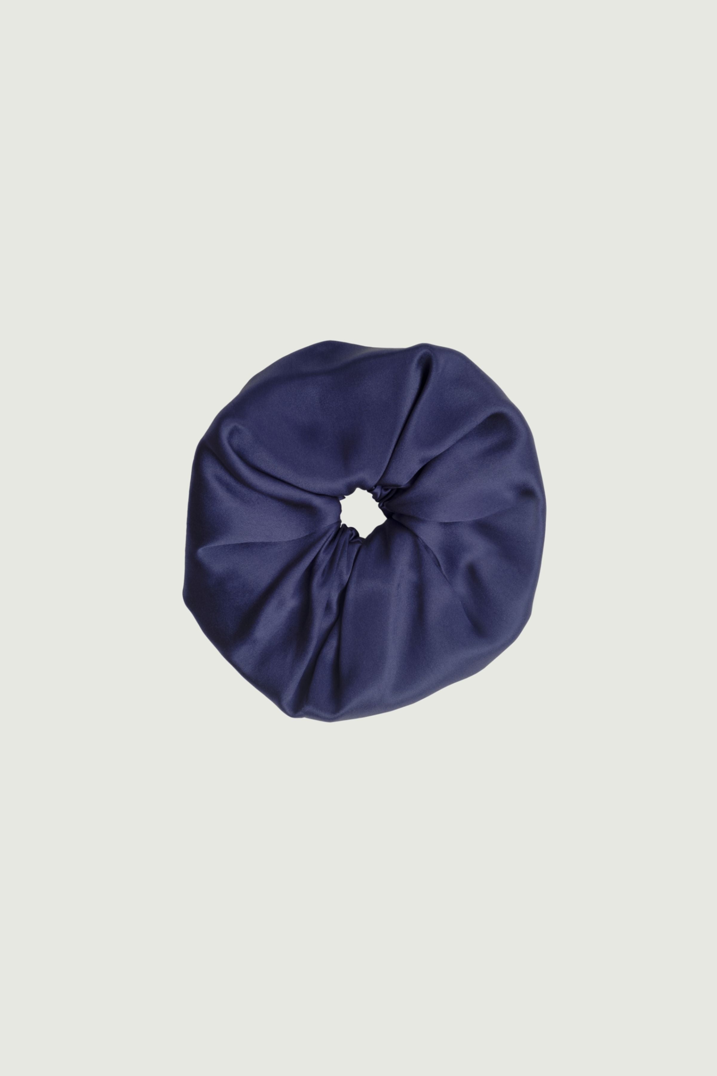 Navy blue silk scrunchie hair accessory, elastic hair tie