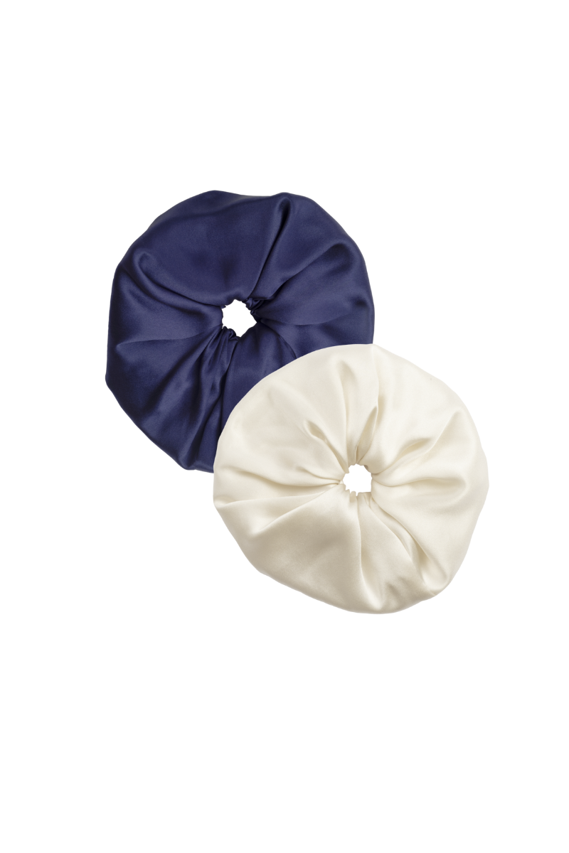 Set of Edi scrunchies in navy blue and almond organic silk — versatile and sustainable hair accessories by HERTH.