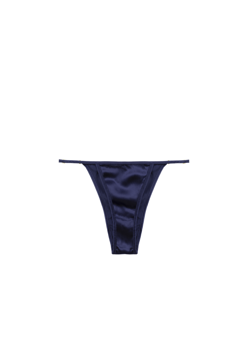 Elle adjustable panty in navy blue organic silk — sustainable and refined lingerie piece crafted by HERTH with GOTS-certified silk.