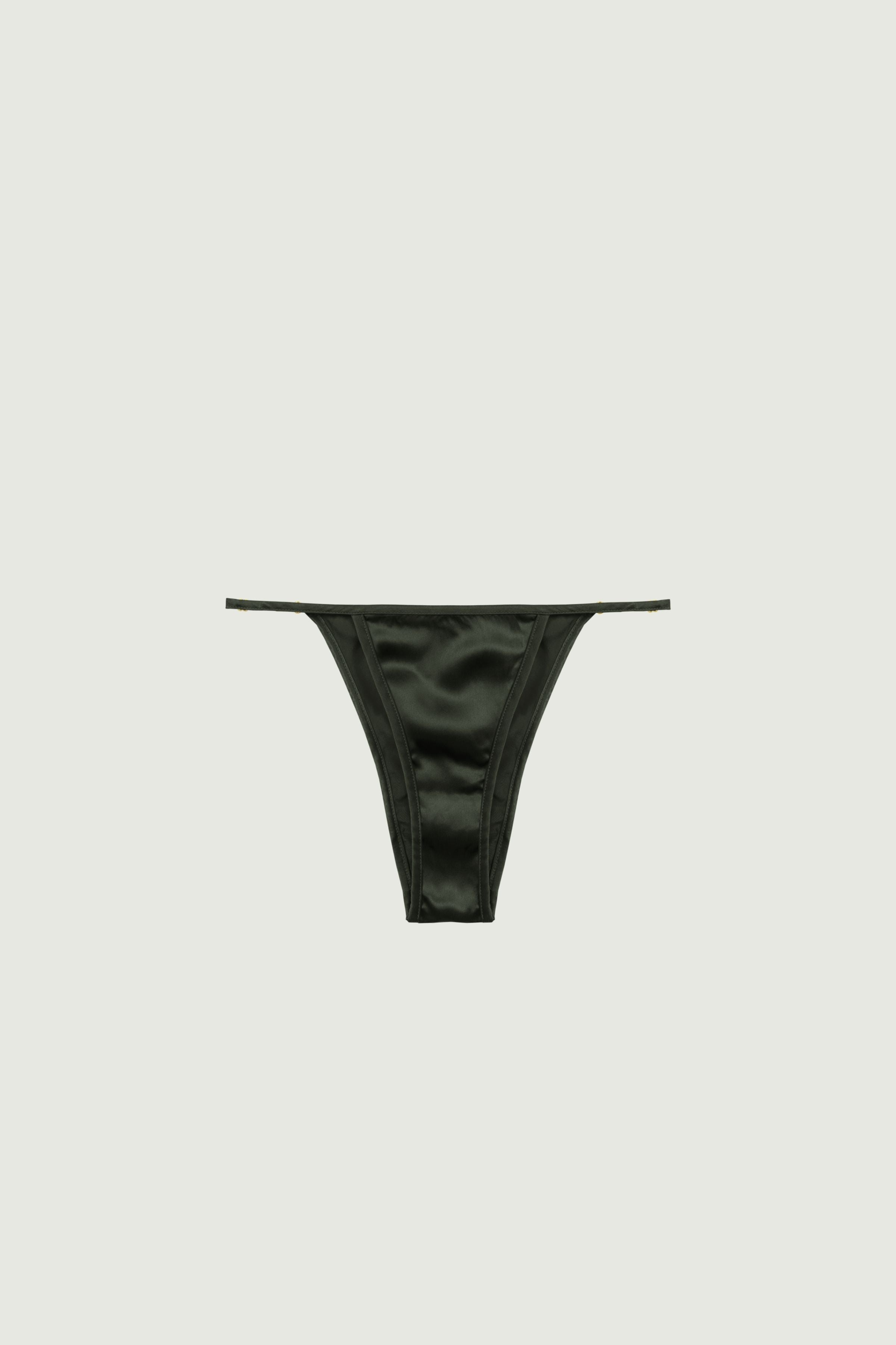 Green silk mid-rise panty with adjustable side straps and gold rings, front view showing clean lines
