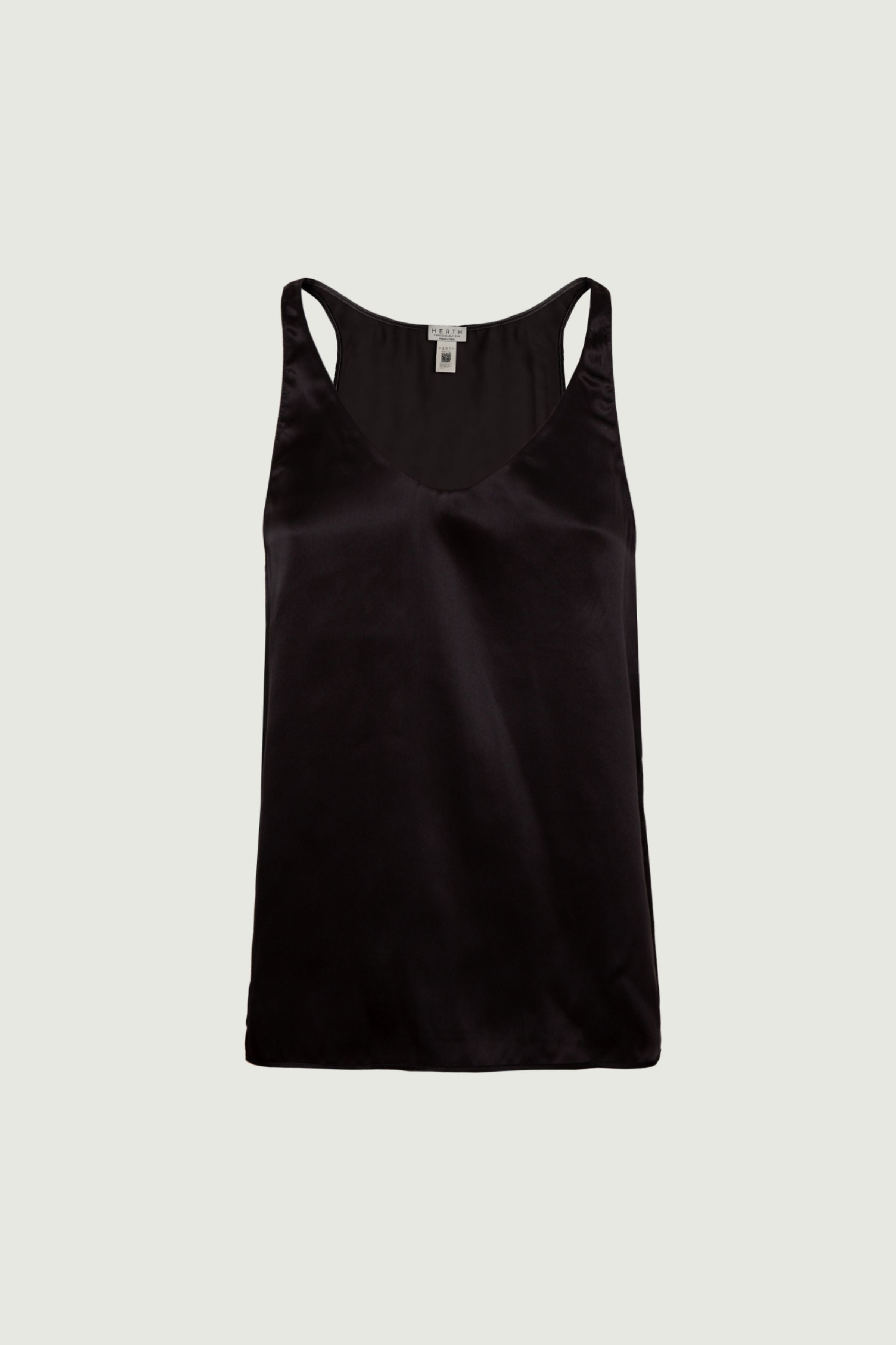 Black organic silk tank top with fluid straight cut and soft sheen, front view, made in Italy