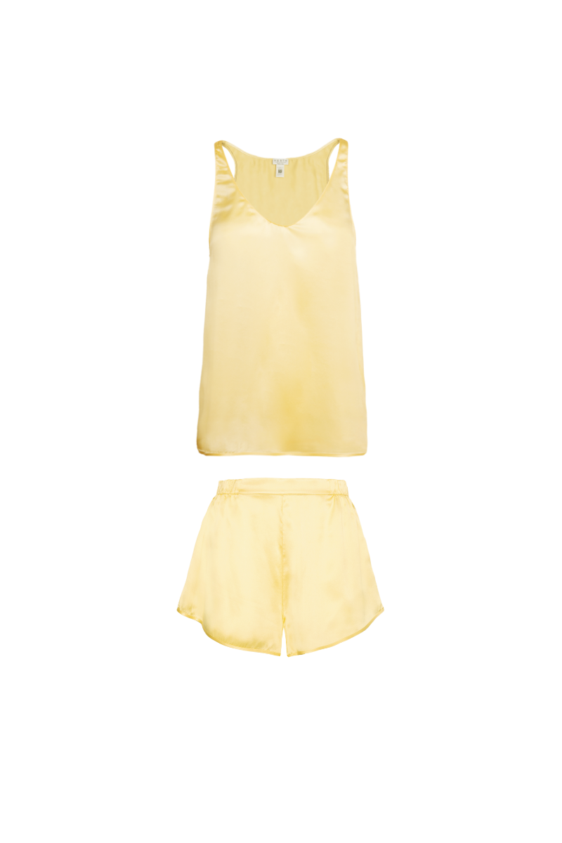 Organic silk womenswear set in butter yellow – ELSE tank top and YARI shorts by HERTH, GOTS certified and consciously crafted. 