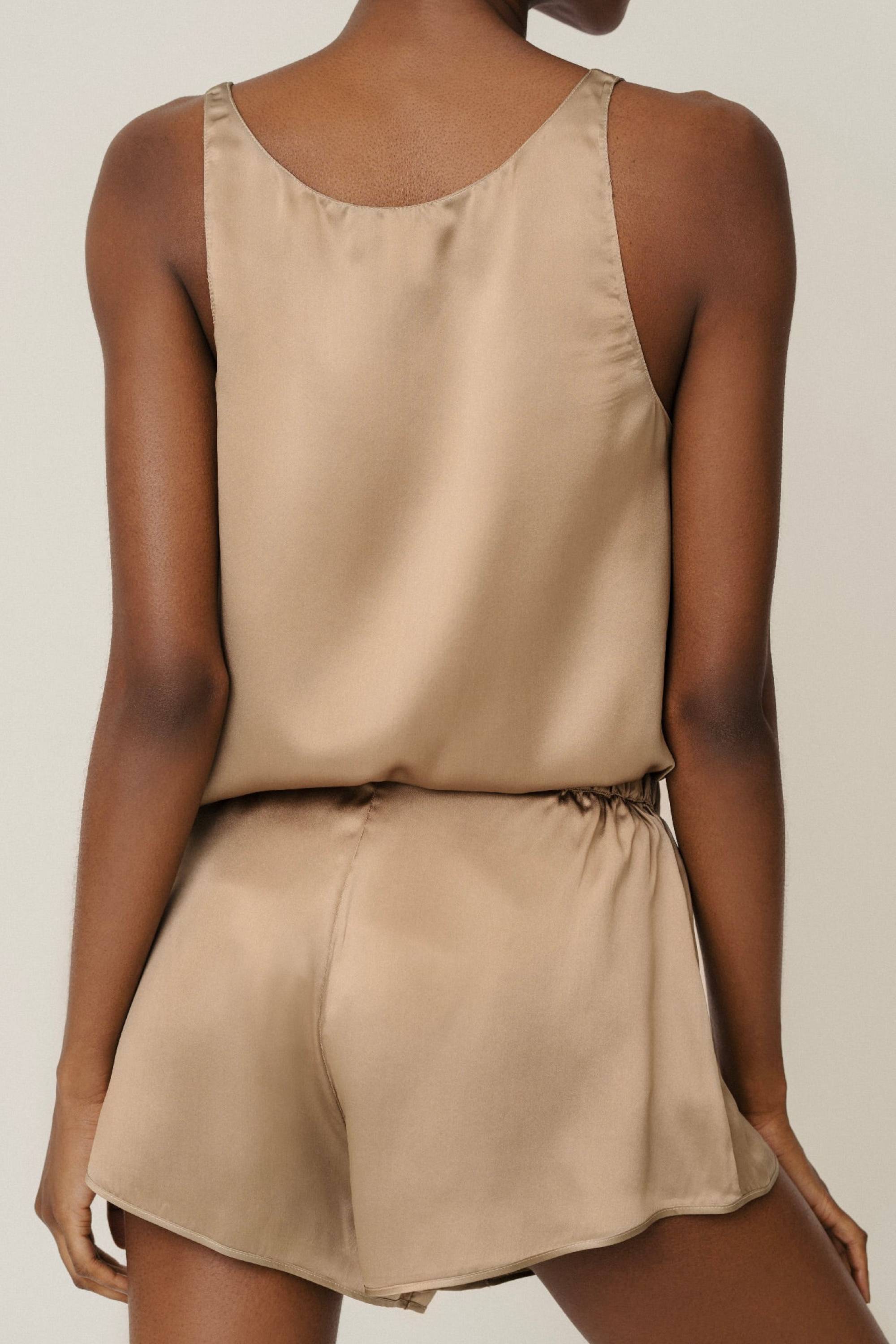 Back view of organic silk tank top and shorts set in gold sand, Else top and Yari shorts made in Italy
