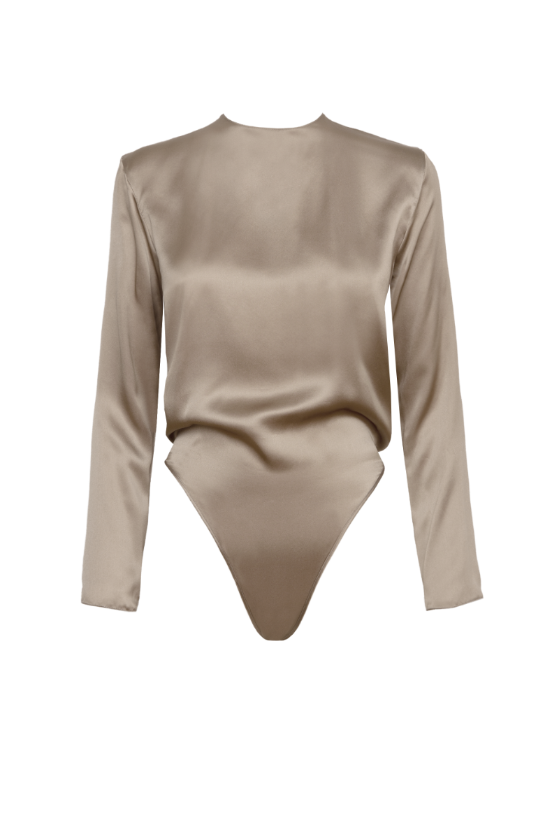 Ely bodysuit in Gold Sand – long sleeve organic silk body with sculptural lines, designed for timeless elegance womenswear by HERTH.