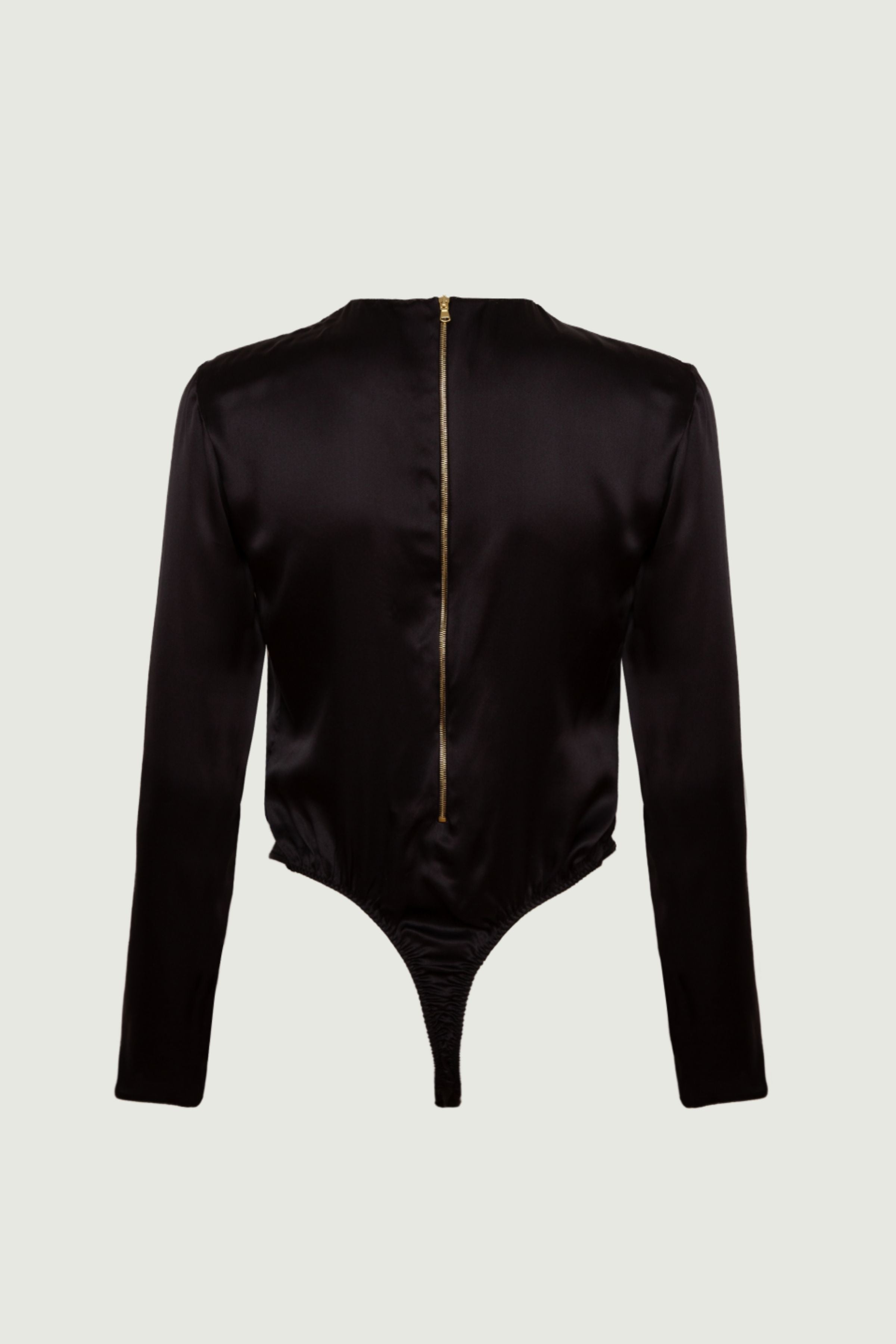Ely long sleeve bodysuit in black organic silk back view with central zipper and tailored fit, minimalist womenswear made in Italy