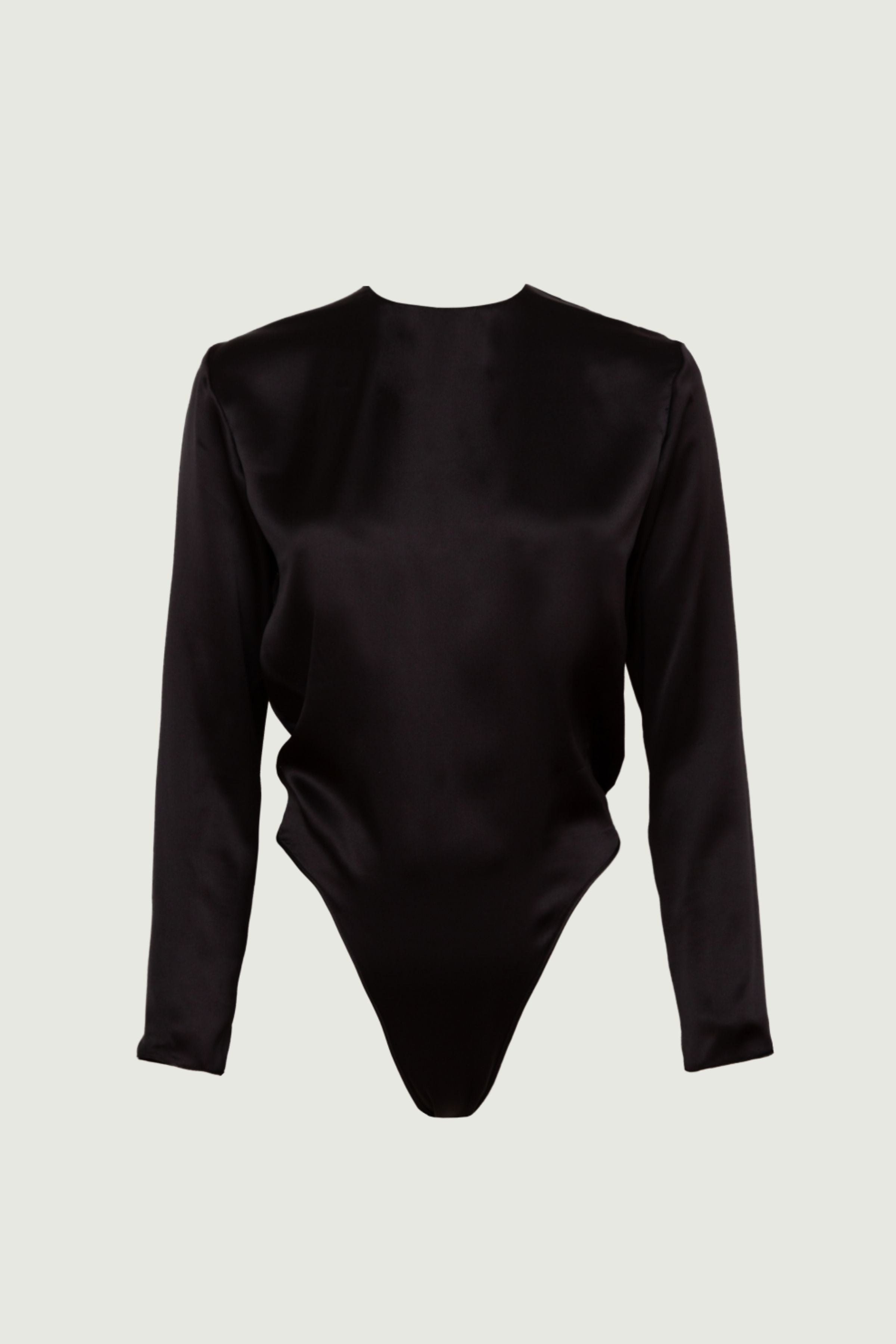 Ely long sleeve bodysuit in black organic silk with clean neckline and smooth fitted silhouette, minimalist womenswear made in Italy