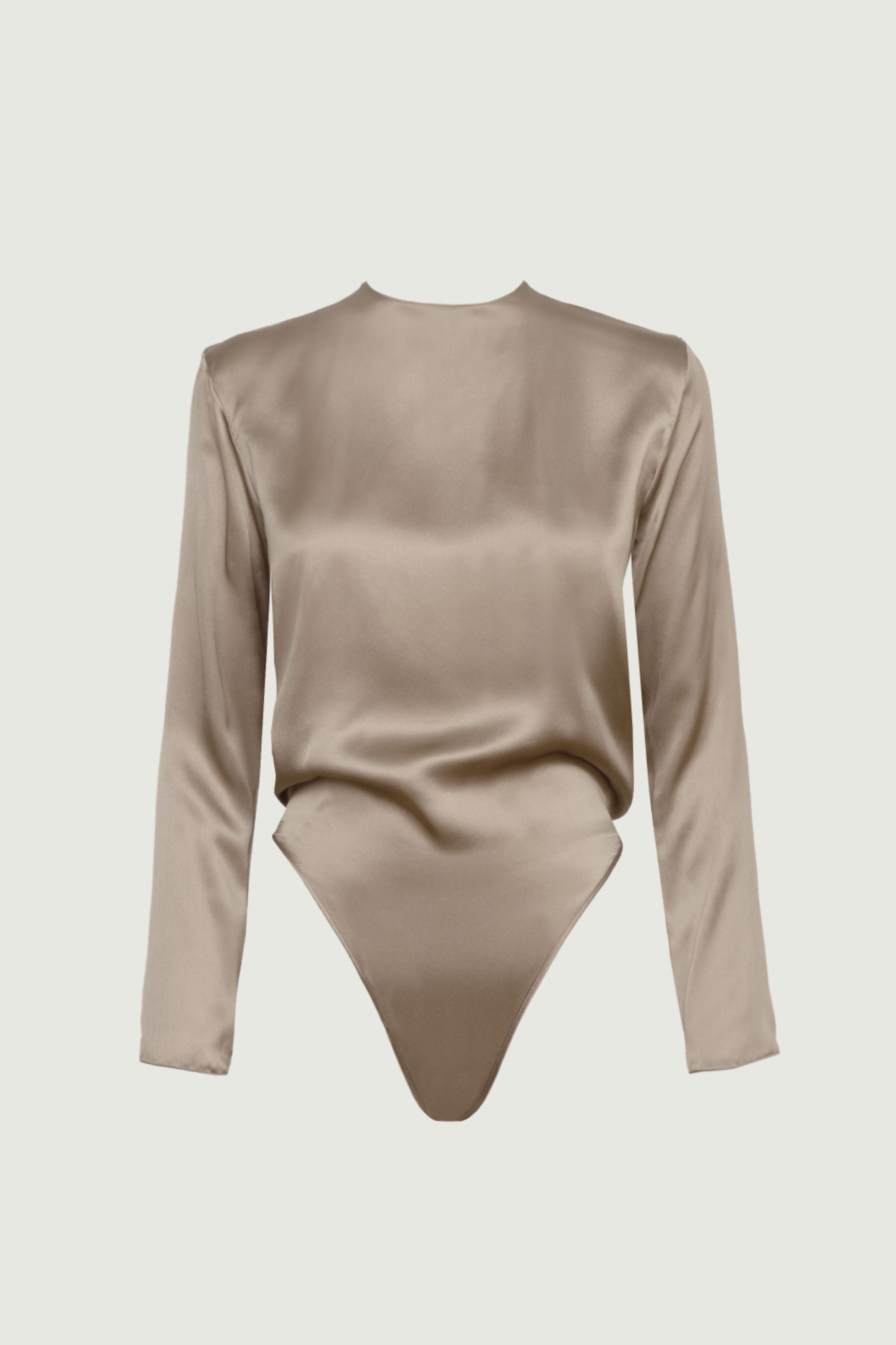 Ely long sleeve bodysuit in gold sand organic silk with soft sheen and fluid fitted silhouette, minimalist womenswear made in Italy