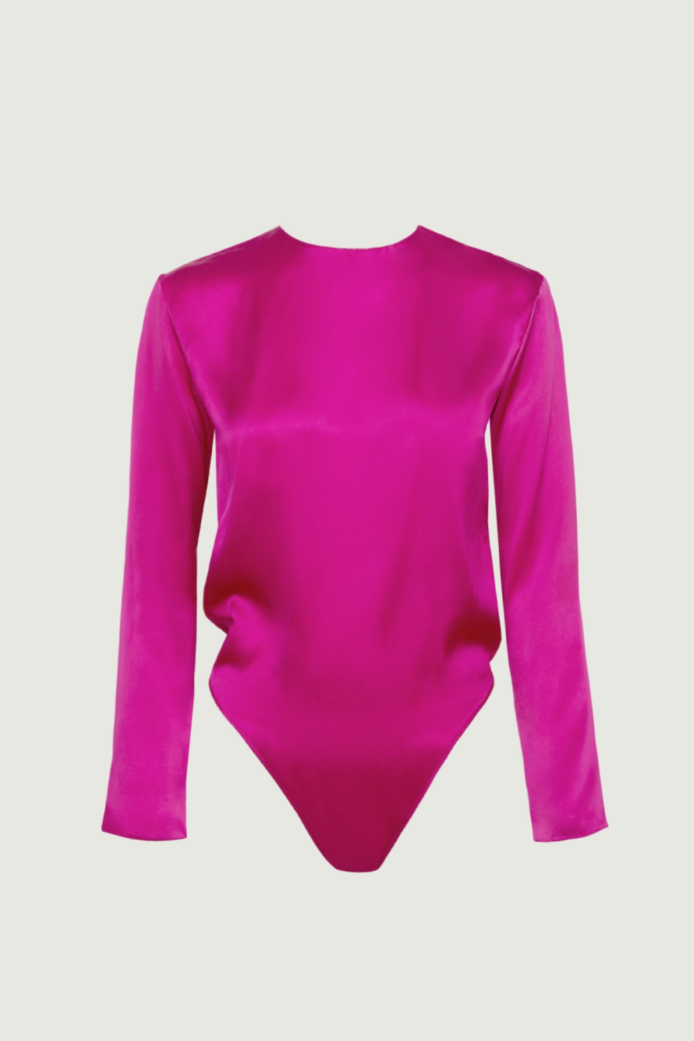 Ely long sleeve bodysuit in hot pink organic silk with vibrant sheen and smooth fitted silhouette, statement womenswear made in Italy