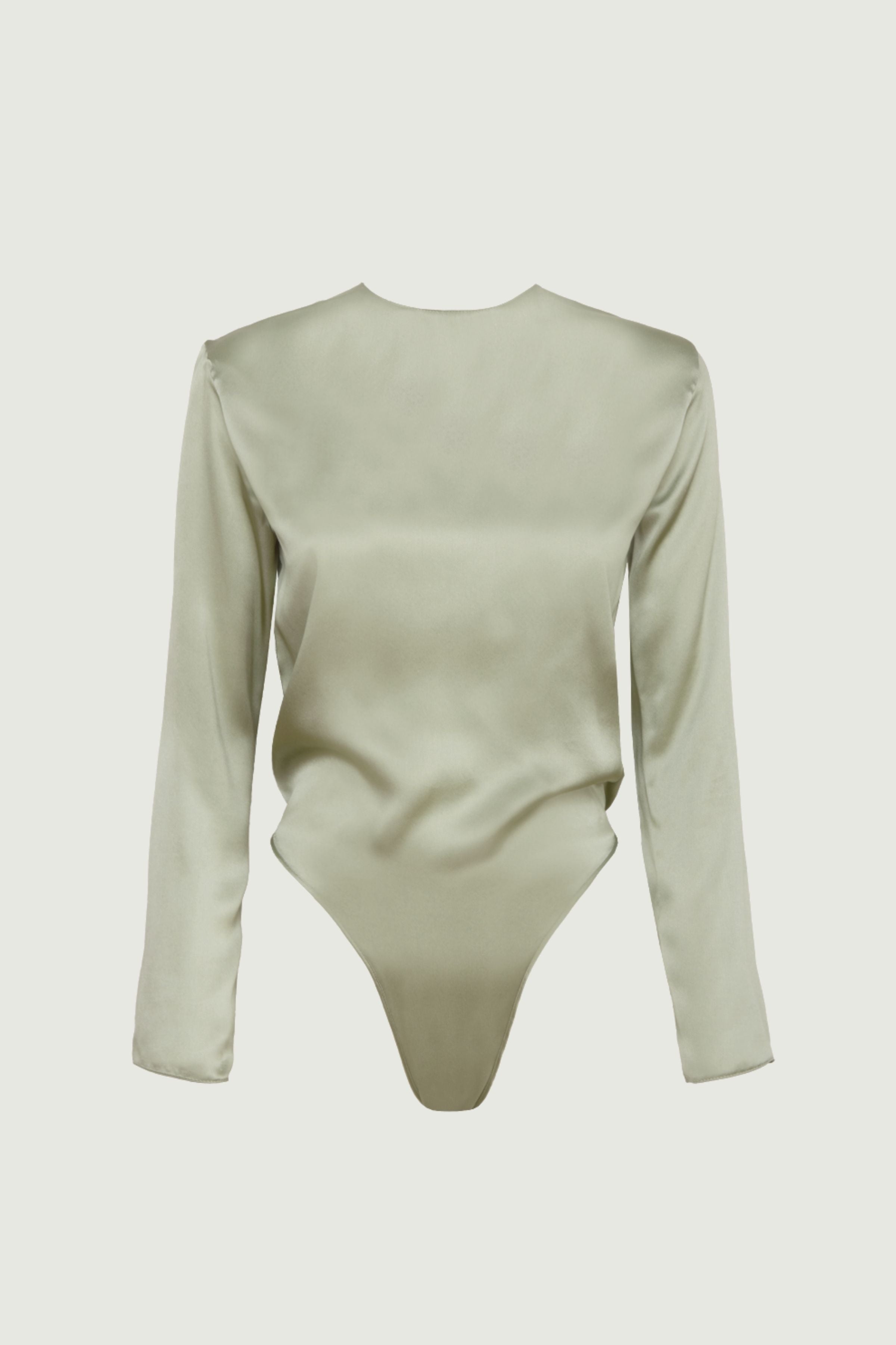 Ely long sleeve bodysuit in tea green organic silk with soft matte sheen and fluid silhouette, refined womenswear made in Italy