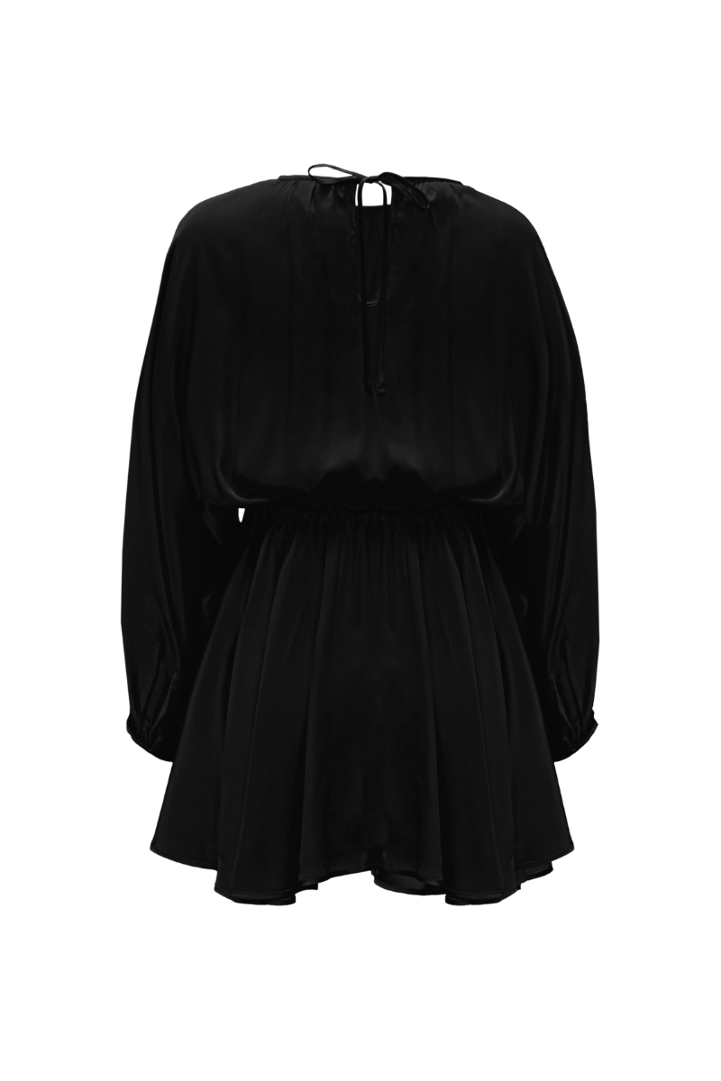 Back view of Ema mini dress in black organic silk — airy sleeve sustainable womenswear by HERTH
