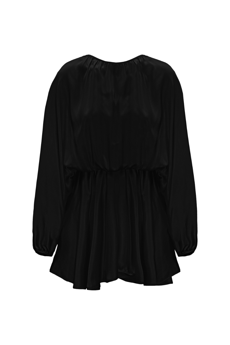 Front view of Ema mini dress in black organic silk — airy sleeve sustainable womenswear by HERTH.