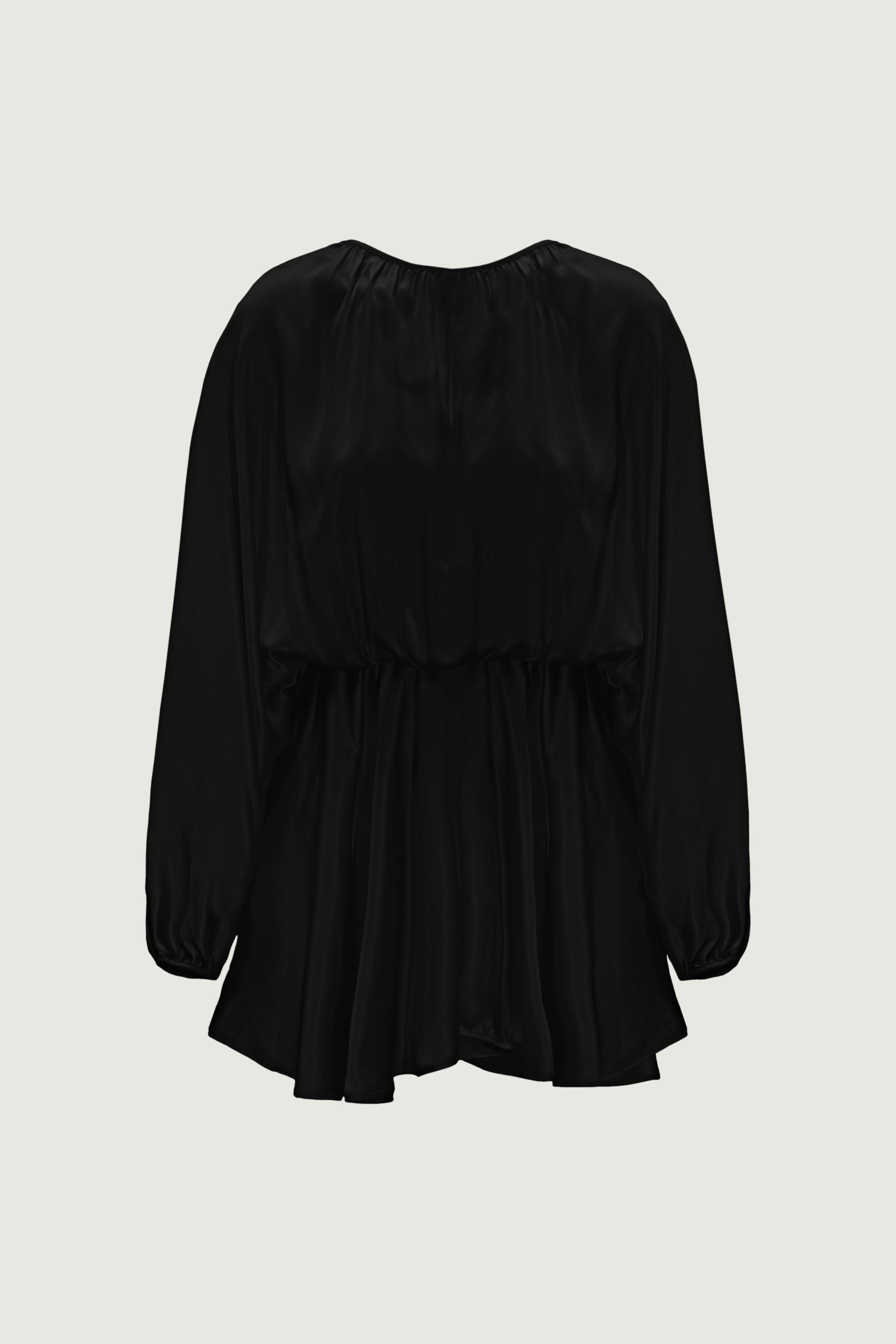 Black silk mini dress with airy three-quarter sleeves and elasticated waist, front view highlighting soft volume and fluid silhouette
