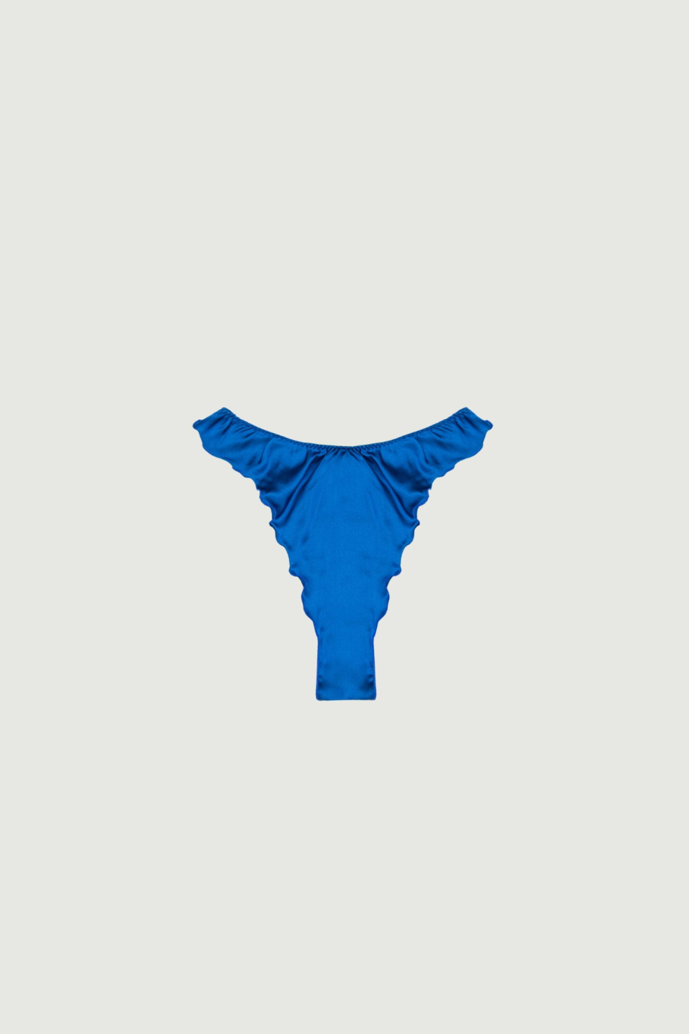 Azuline silk high-cut panty with flounced edges, front view showing bright blue color and wavy trim