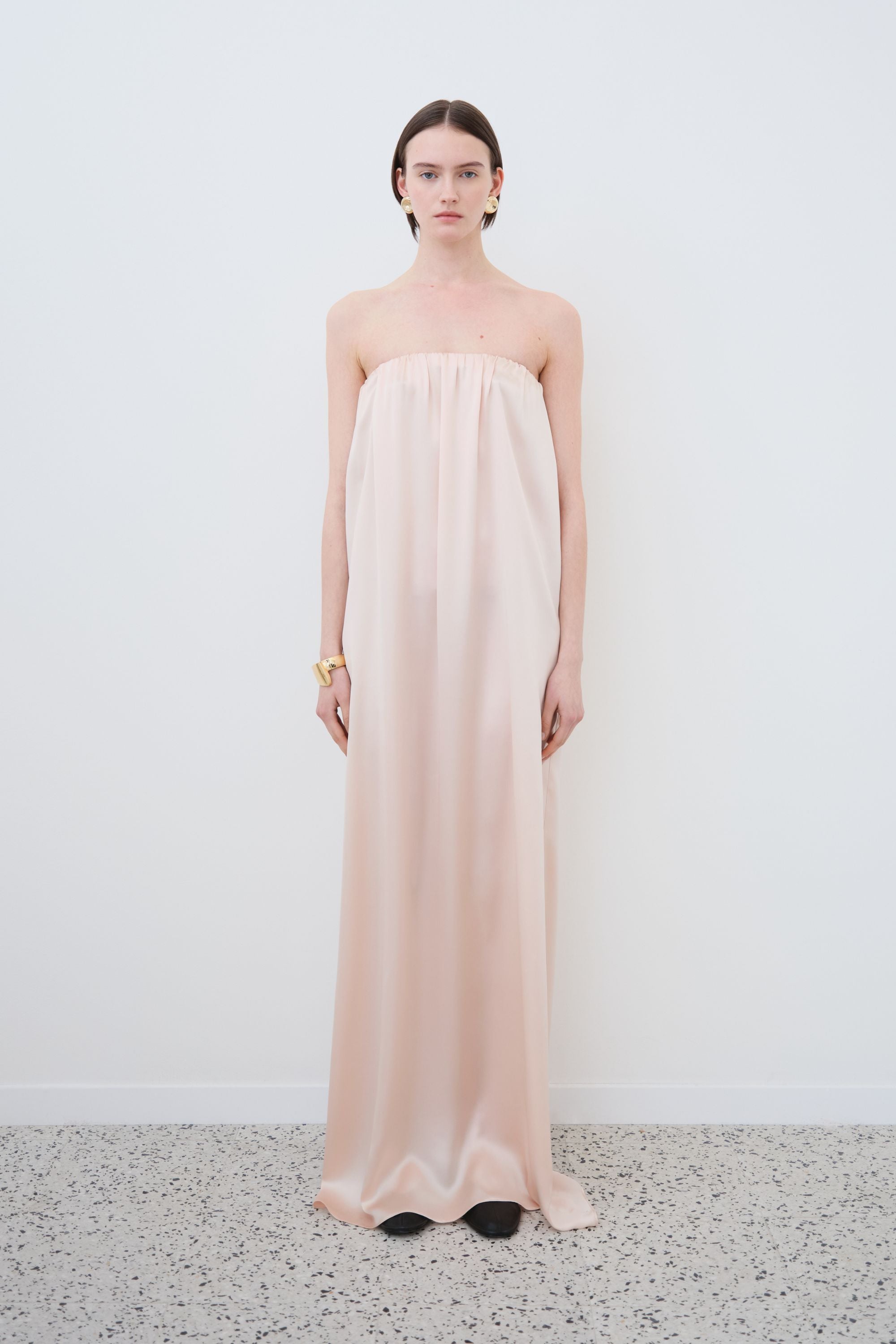 Model wearing organic silk maxi slip dress in whisper pink, Erin dress made in Italy, front view