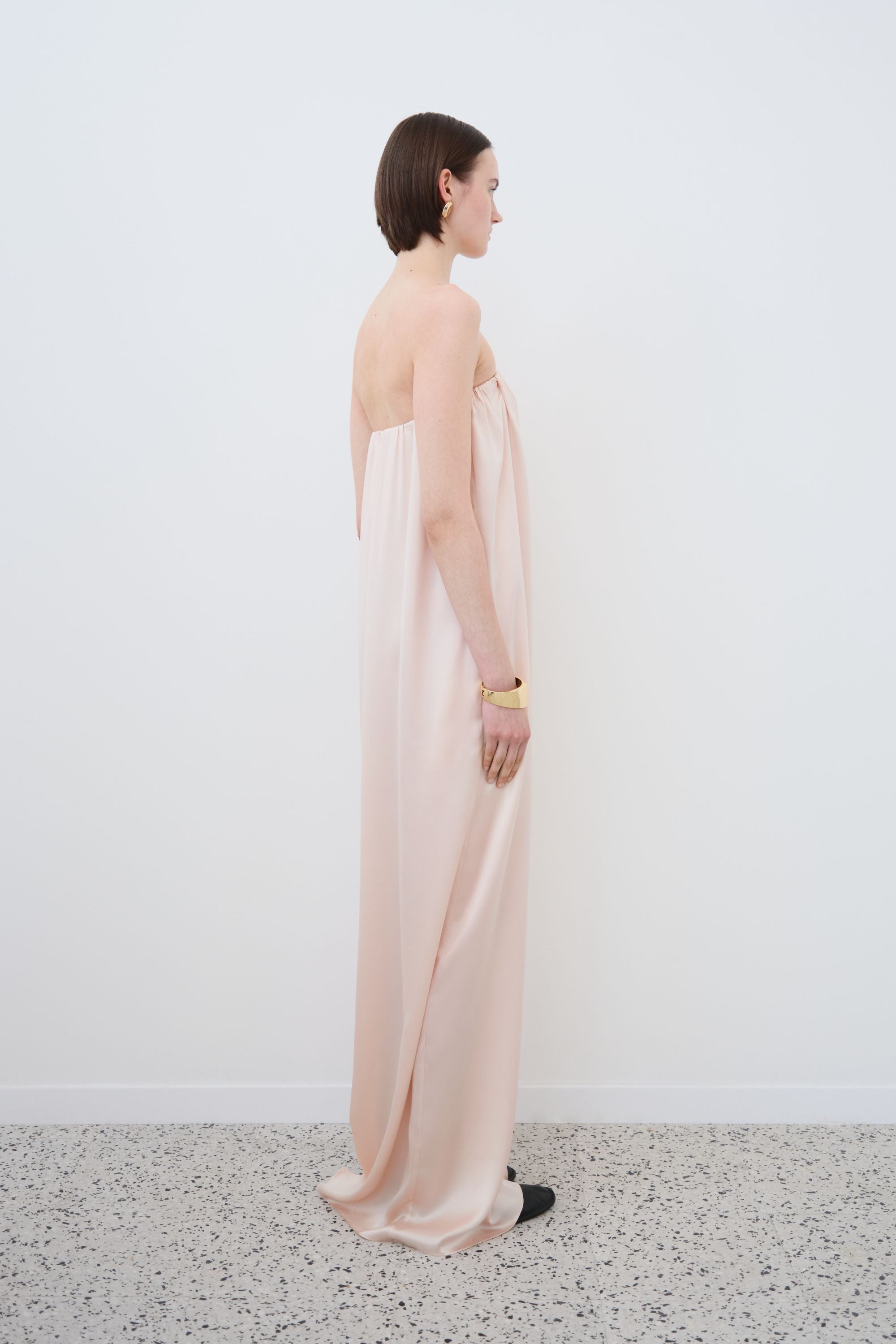Side view of organic silk maxi slip dress in whisper pink, Erin dress made in Italy