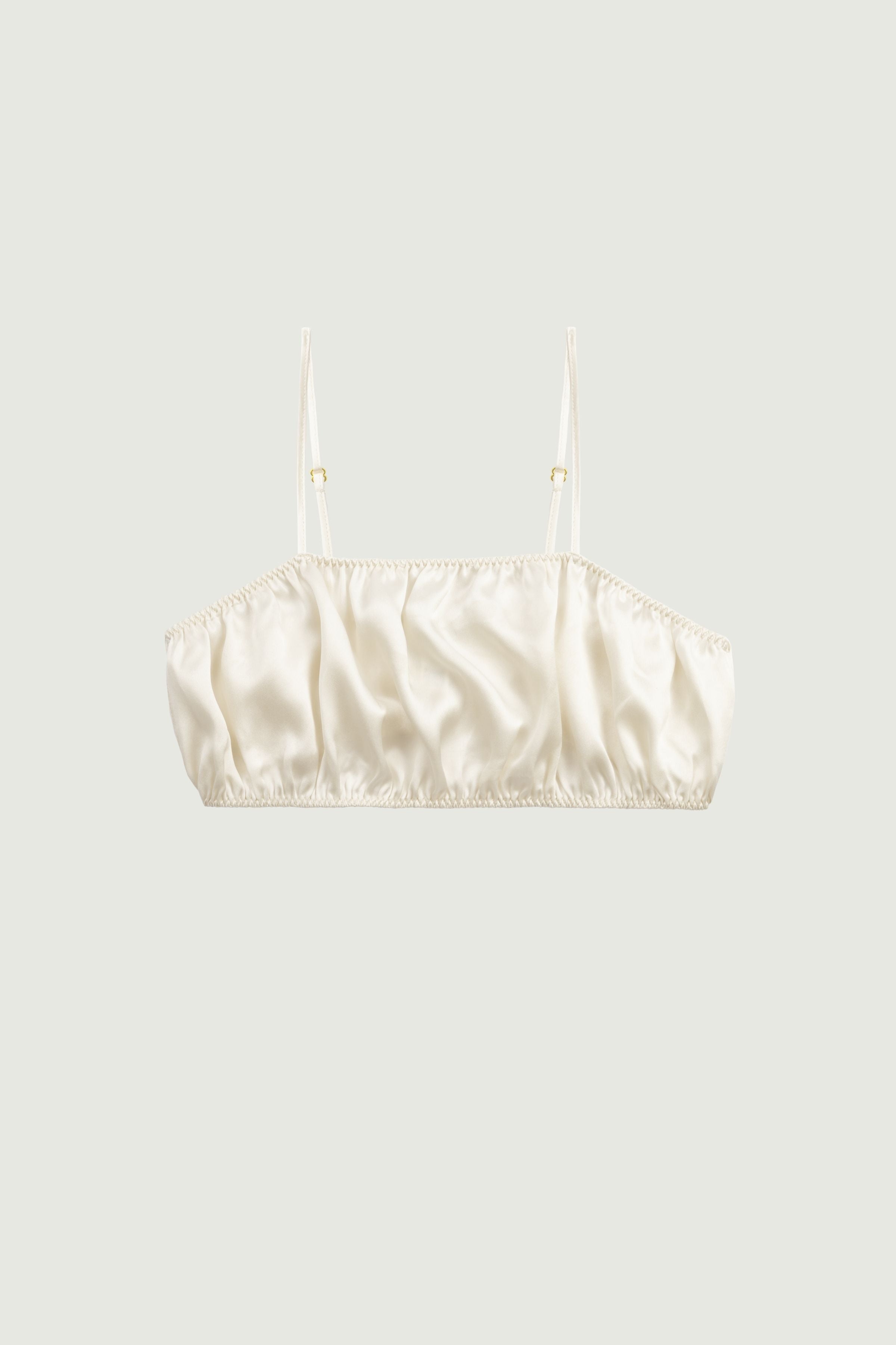 Eve bandeau in organic silk almond color with soft gathered design and thin straps, minimalist lingerie made in Italy