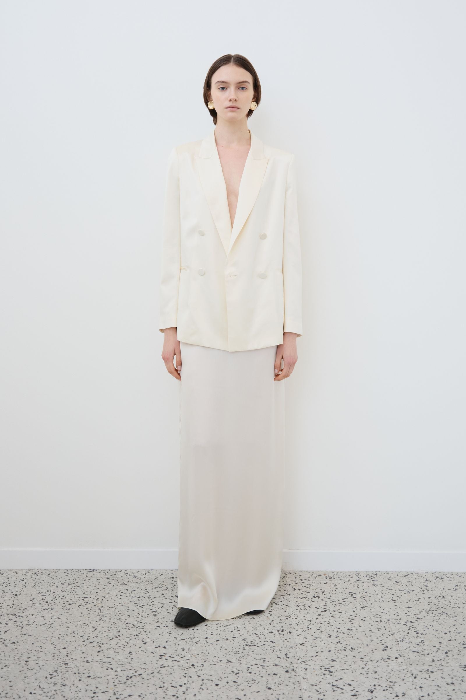 Almond silk blazer and skirt set, organic silk garments crafted in Italy with fluid silhouette and refined tailoring