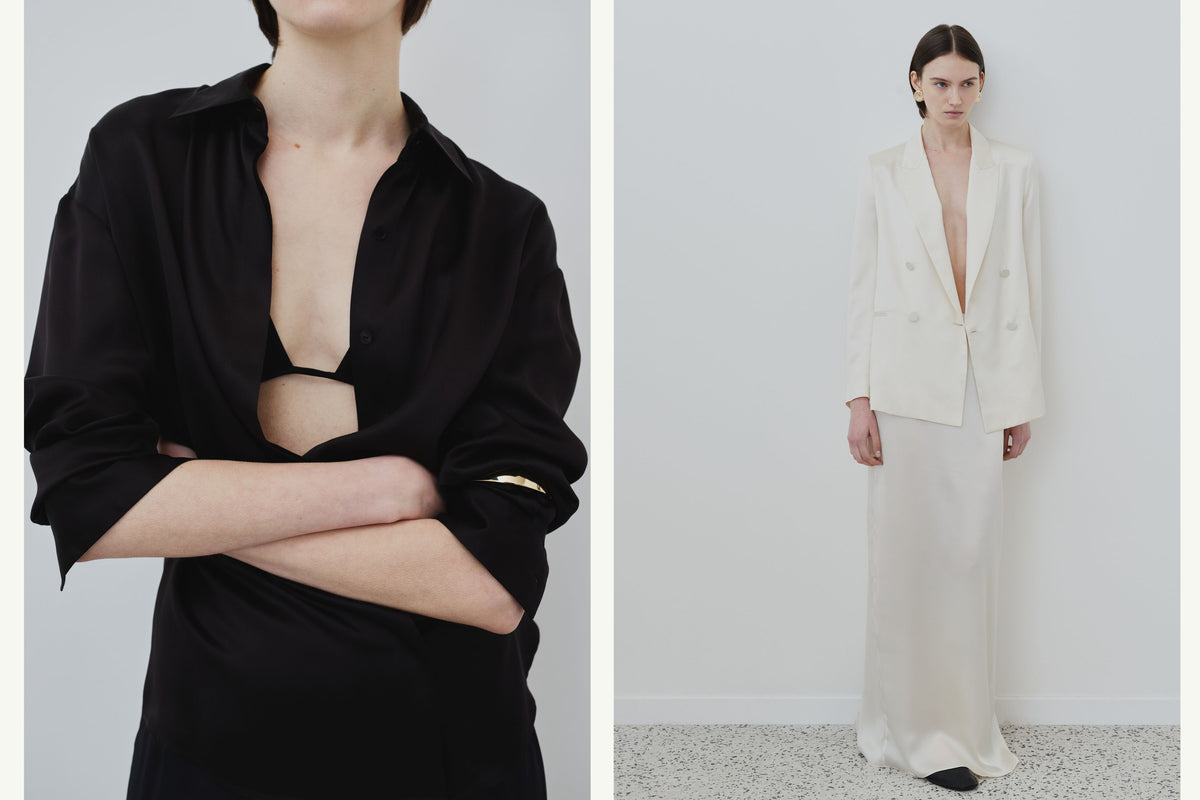 HERTH organic silk womenswear in Black and Almond, styled with silk lingerie and tailored separates.