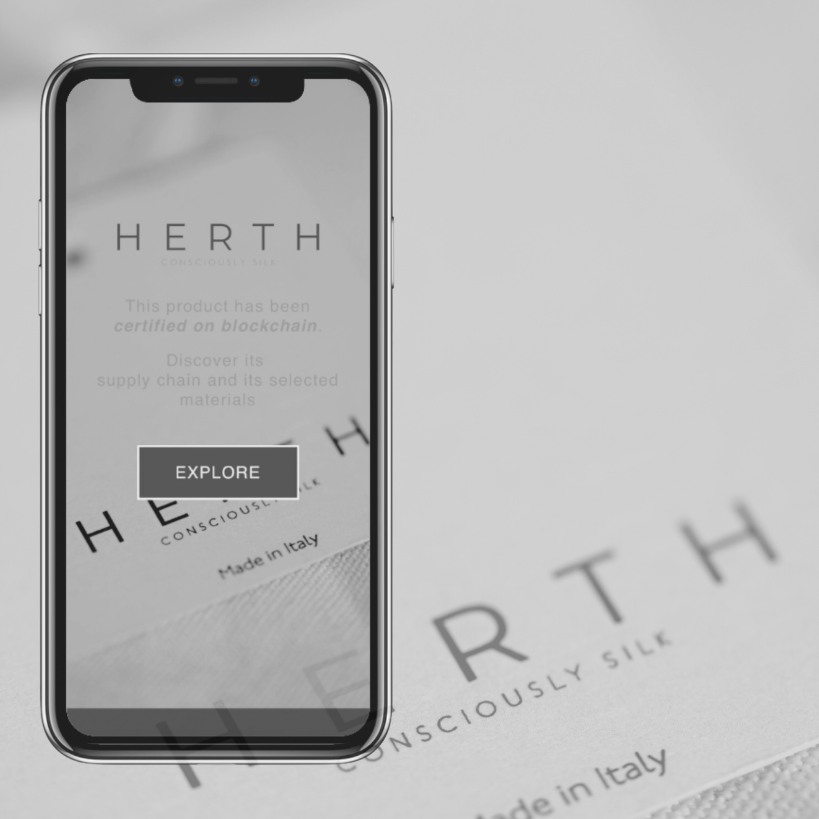 Smartphone showing HERTH blockchain certification page to trace the organic silk supply chain and verify sustainable production.