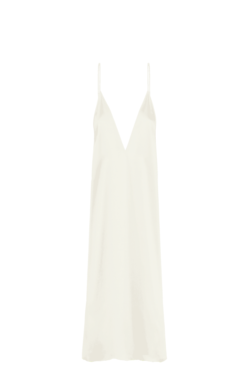 Front-facing packshot of the INEZ dress in almond — full-length organic silk slip dress with minimalist design, thin straps, and deep V-neckline, shown on a transparent background. Luxury sustainable womenswear by HERTH