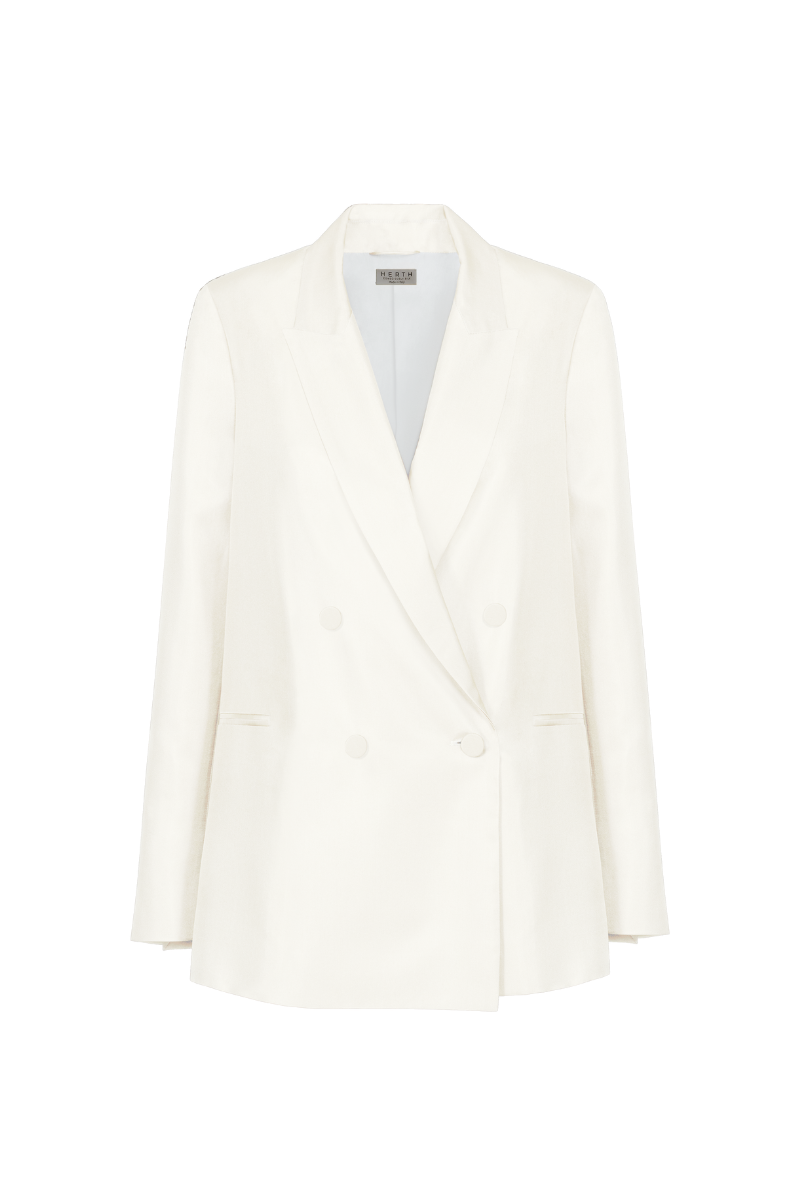 HERTH Uma organic silk blazer in Almond, double-breasted still-life front view.