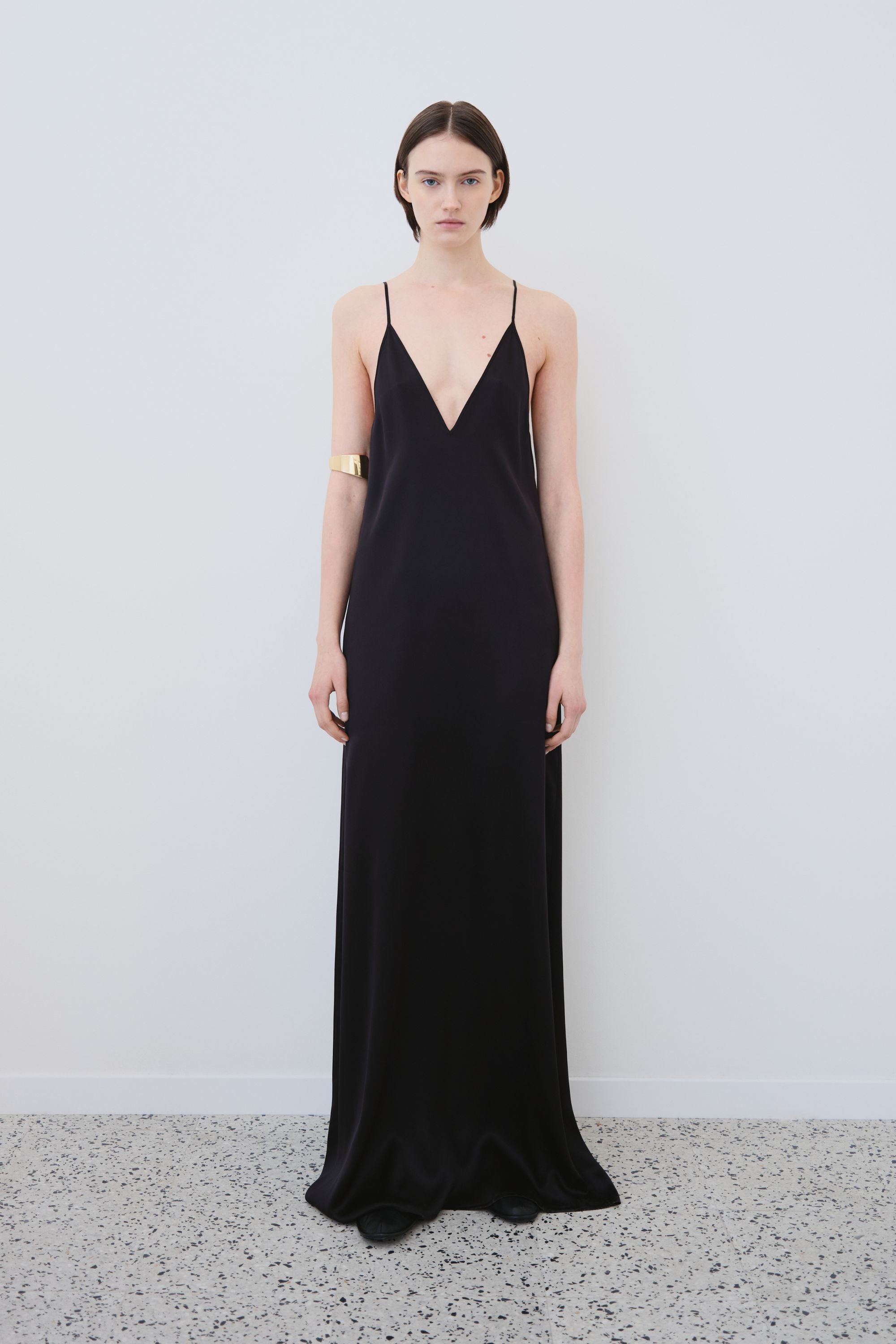 Front view of black organic silk slip dress, Inez dress made in Italy