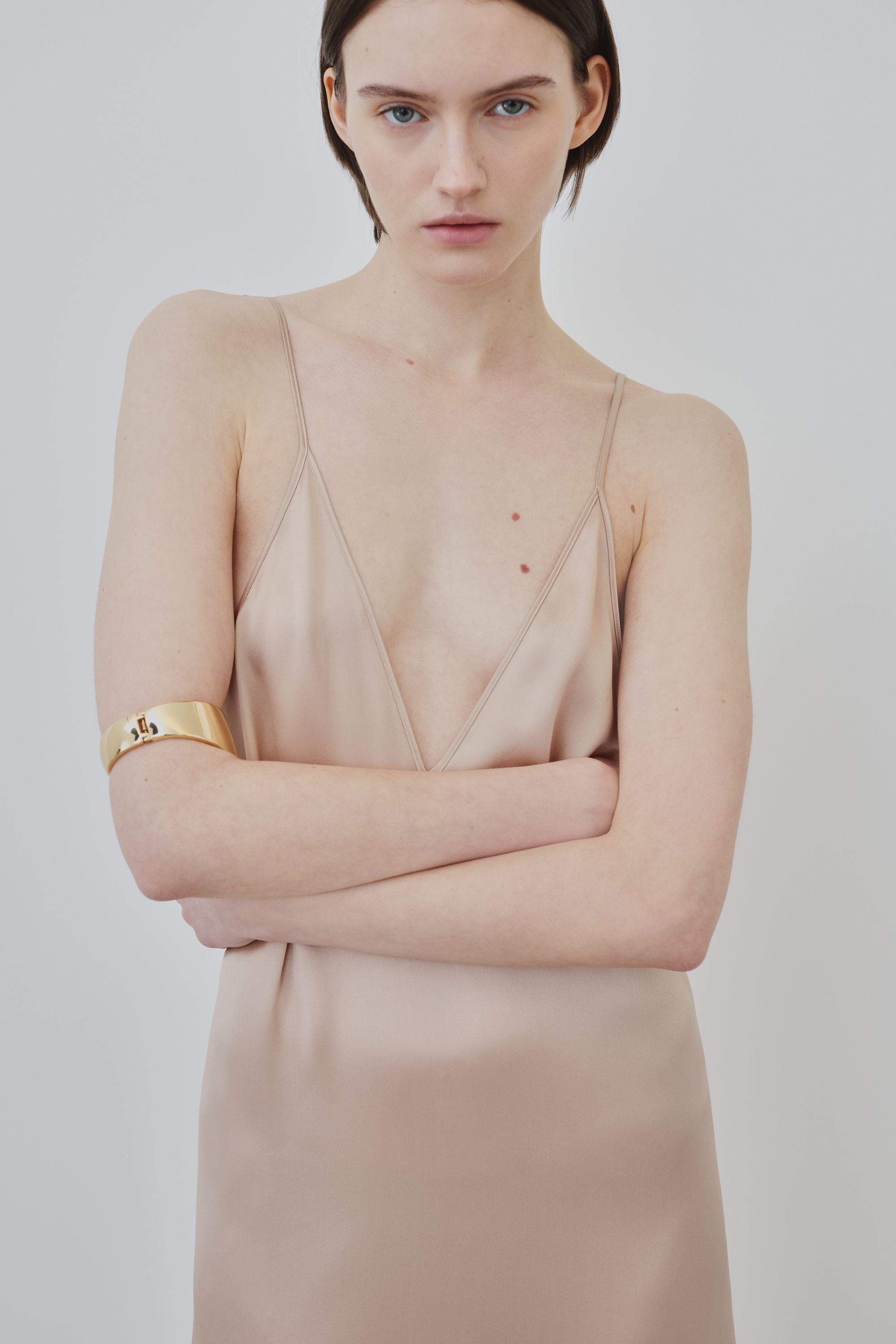 Front view of organic silk slip dress in sand, Inez dress made in Italy