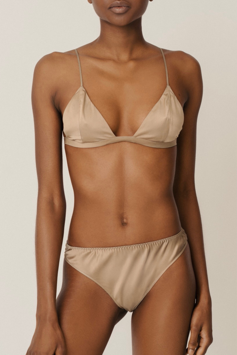Ivy triangle bra and Lea mid-rise panty in gold sand silk – luxury lingerie set by HERTH