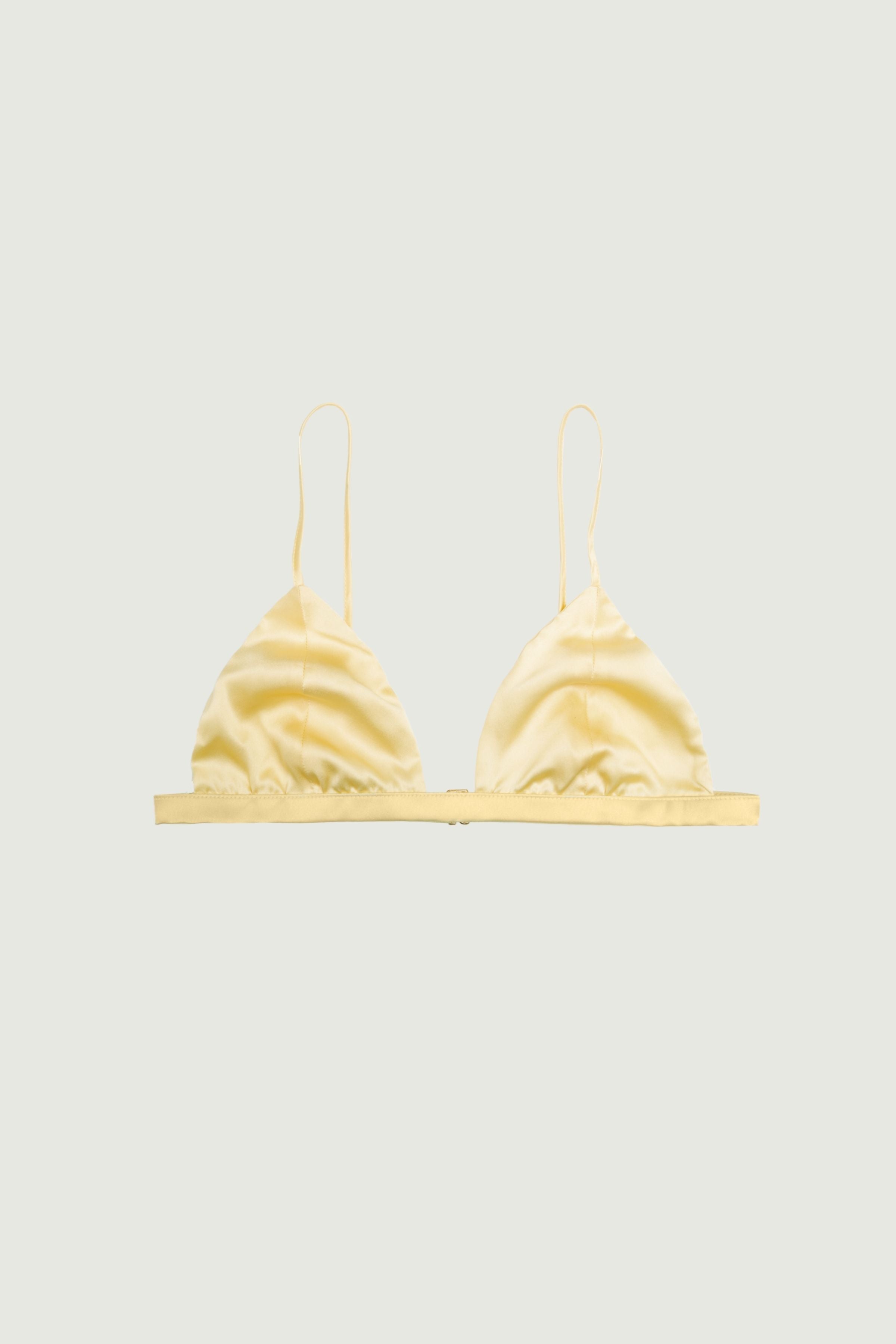 Butter yellow silk triangle bra with soft cups and thin adjustable straps, front view highlighting delicate color and natural lightweight fit