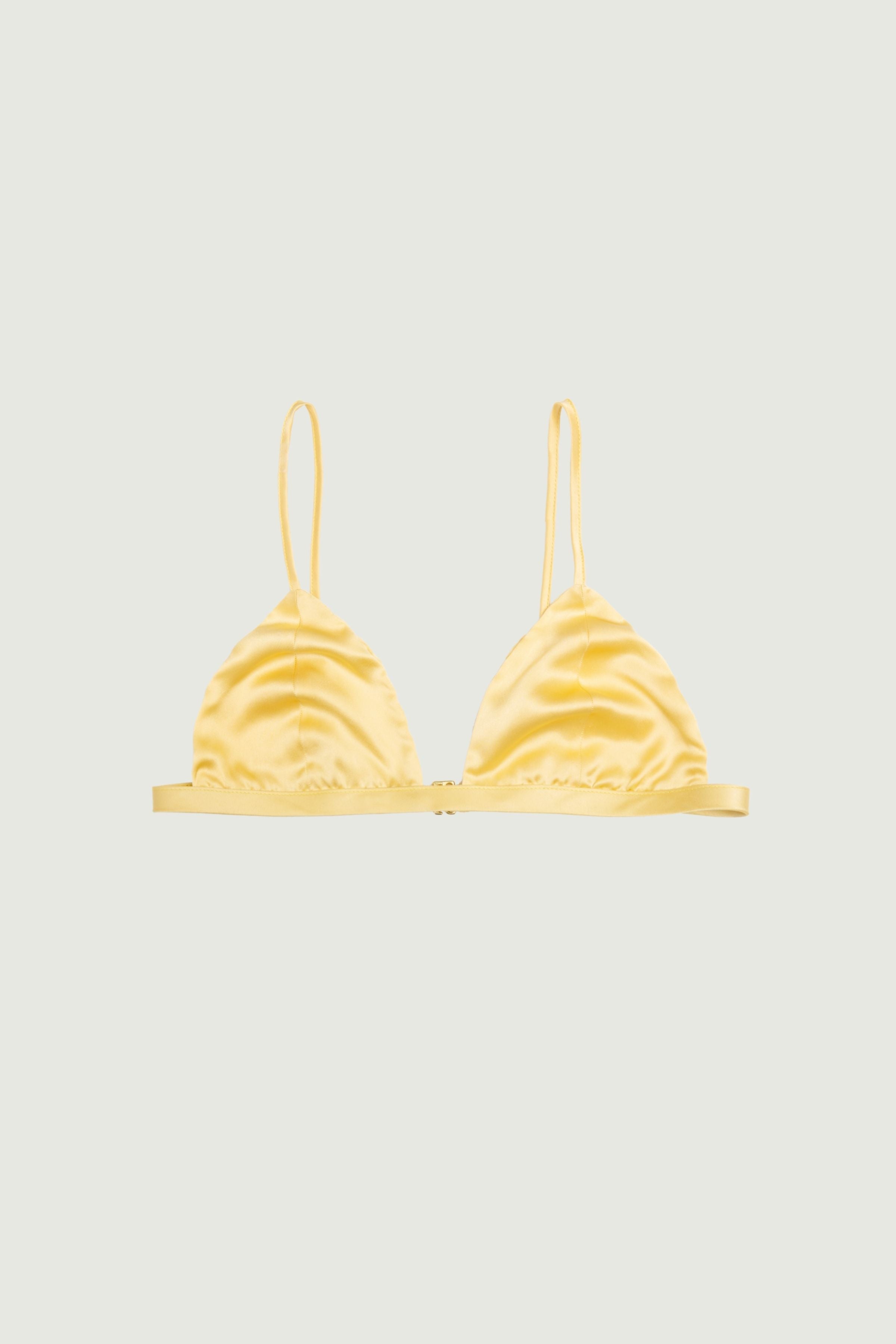Desert tone silk triangle bra with soft cups and thin adjustable straps, front view emphasizing warm neutral color and second-skin fit