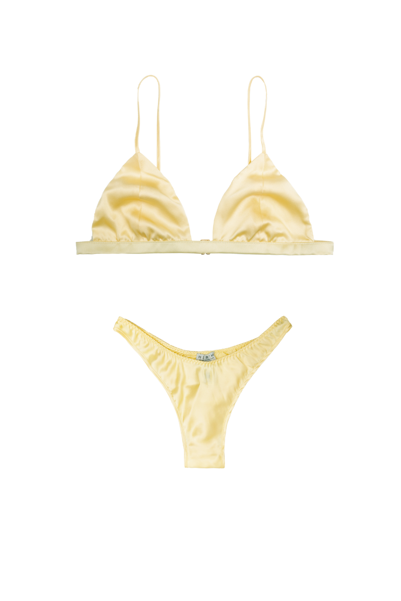 Ivy triangle bra and Jude panty in butter yellow organic silk – sustainable lingerie set by HERTH.