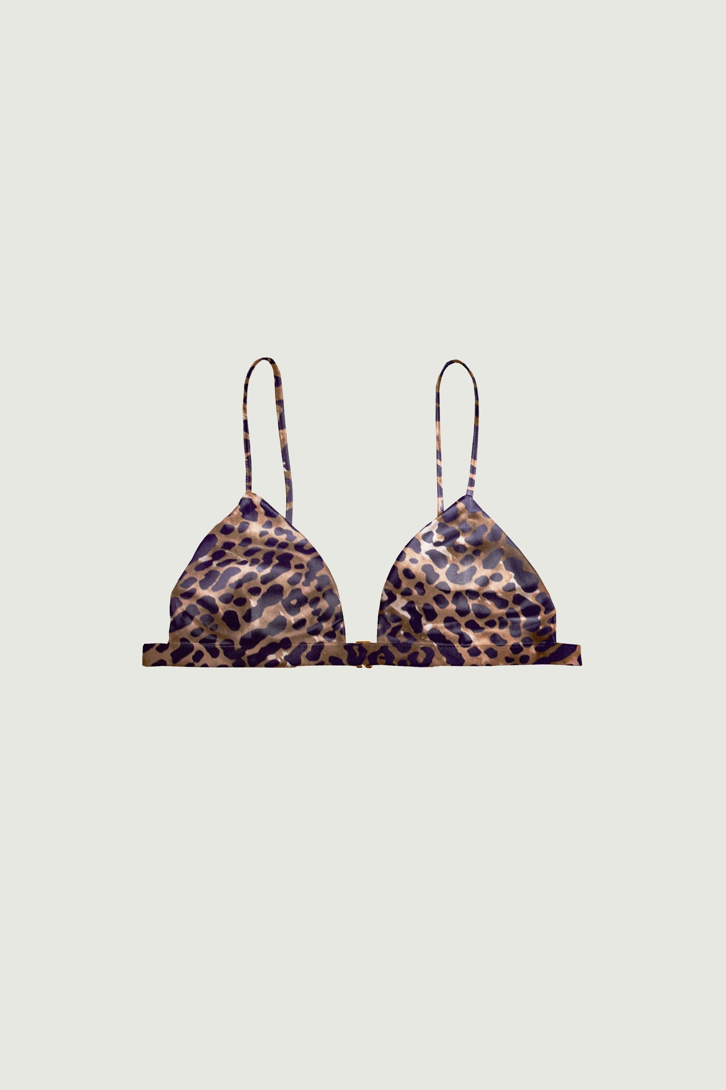 Leopard print silk triangle bra with adjustable thin straps and minimal soft cups, lightweight construction and natural fit on the body, front view