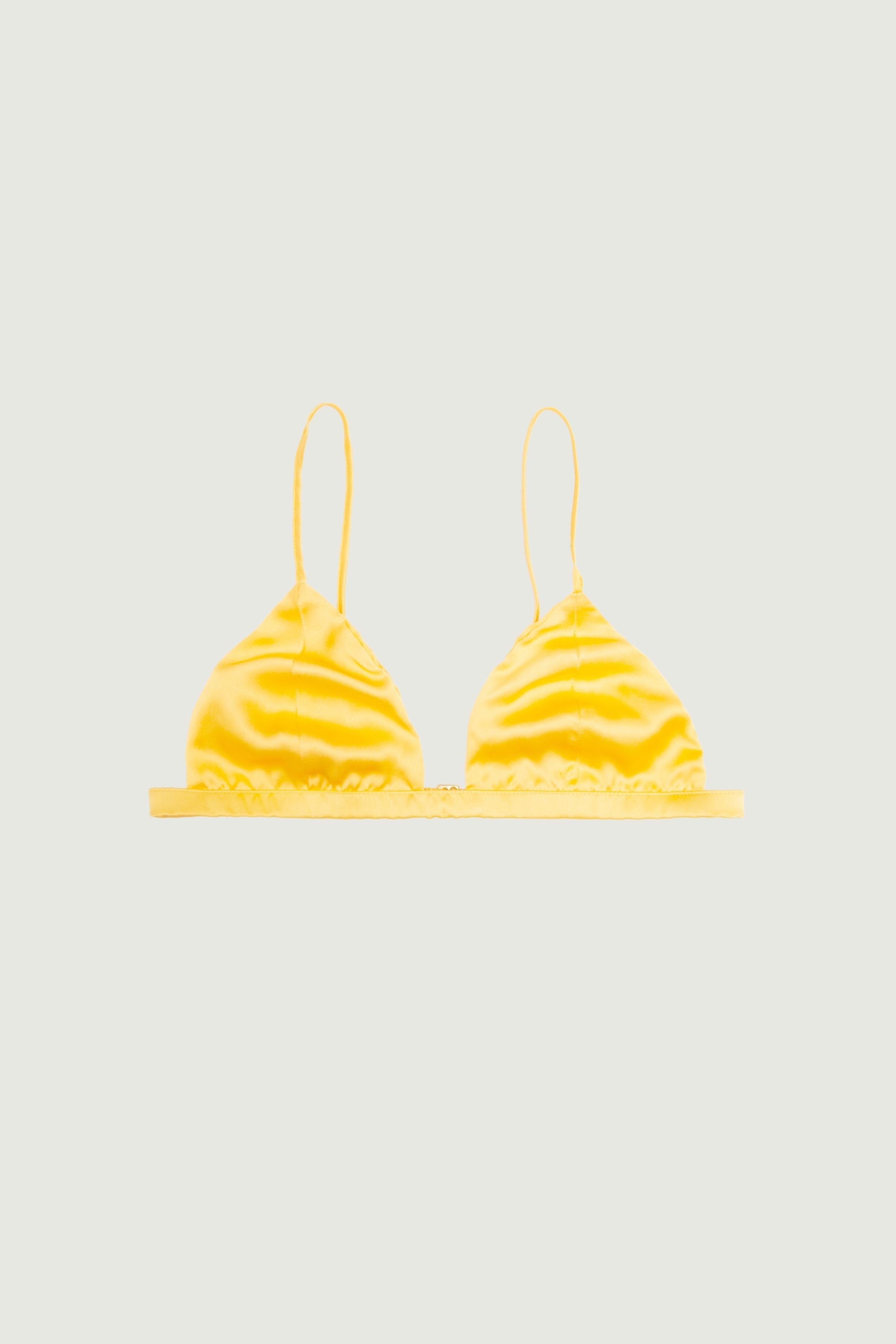 Mango silk triangle bra with soft cups and thin adjustable straps, front view highlighting warm vibrant tone and lightweight minimal shape