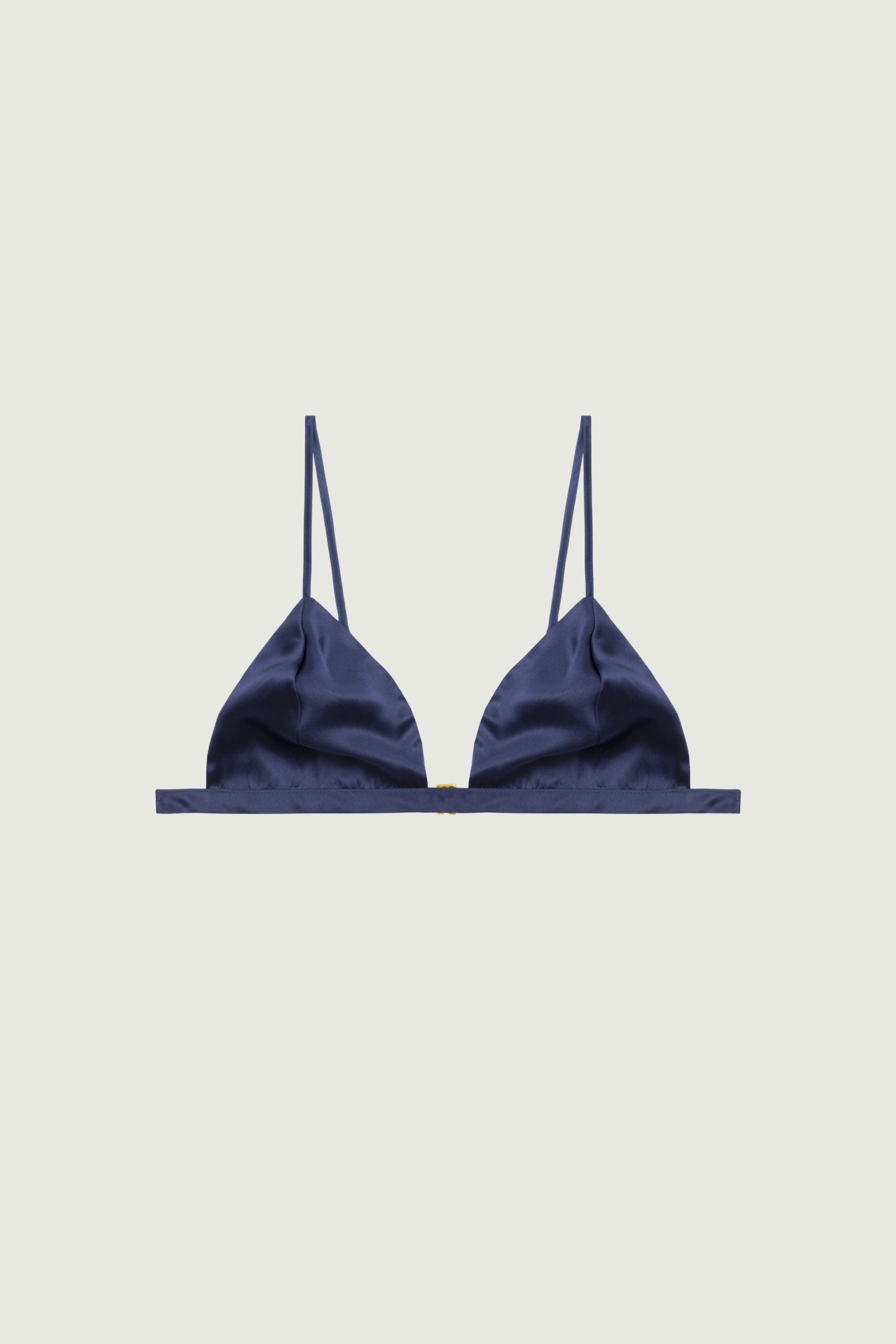 Navy blue silk triangle bra with soft cups and thin adjustable straps, front view highlighting deep tone and smooth refined silhouette
