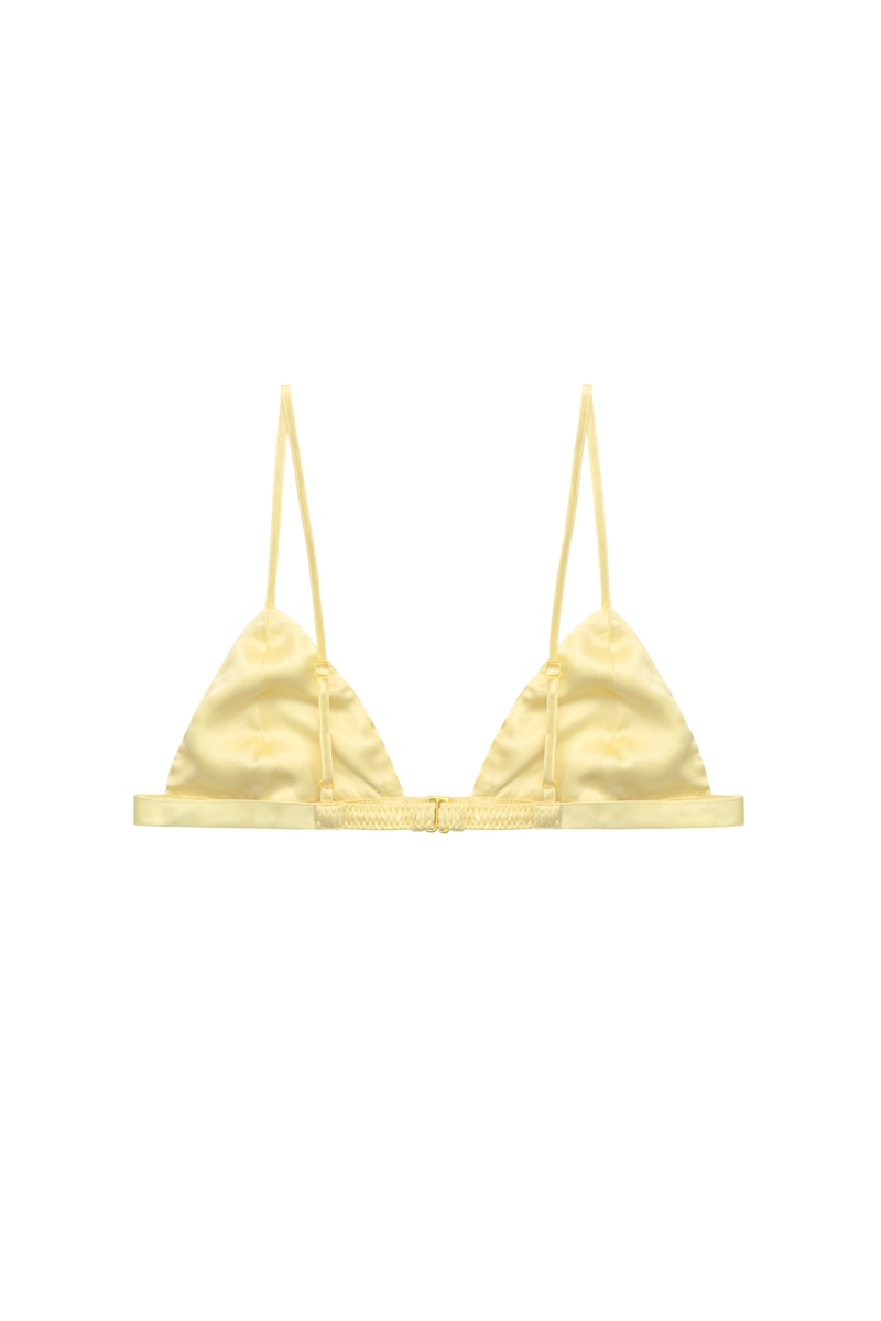 Back view of Ivy triangle bra in butter yellow organic silk – ethical lingerie by HERTH.